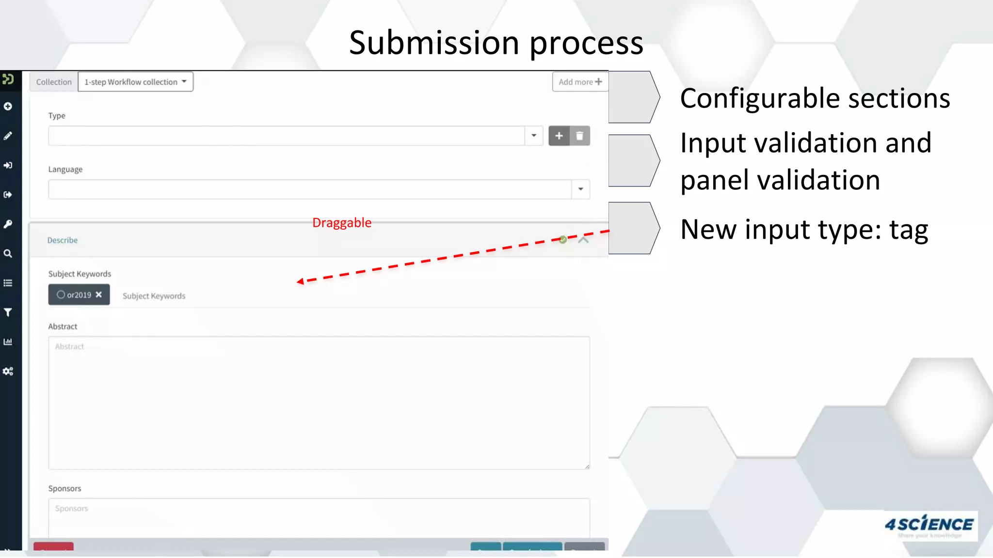 Submission process
Configurable sections
Input validation and
panel validation
New input type: tagDraggable
 
