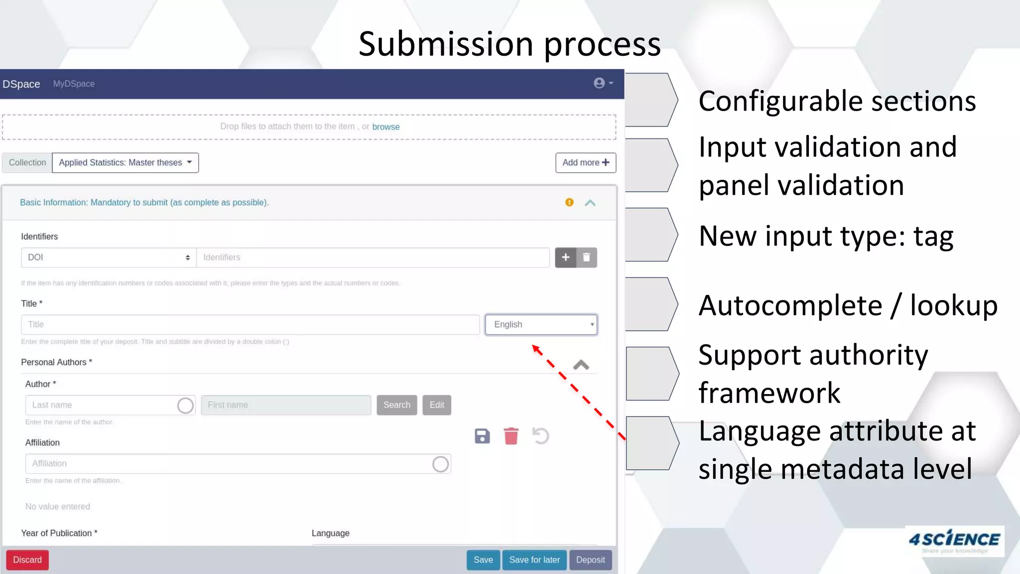 Submission process
Configurable sections
Input validation and
panel validation
New input type: tag
Autocomplete / lookup
Support authority
framework
Language attribute at
single metadata level
 