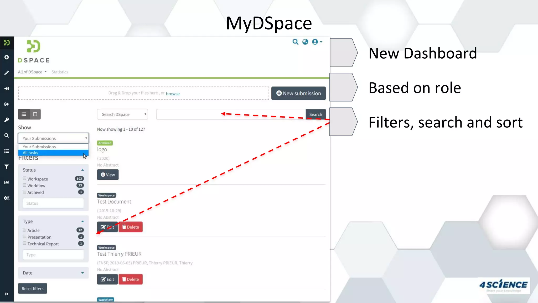 MyDSpace
New Dashboard
Based on role
Filters, search and sort
 