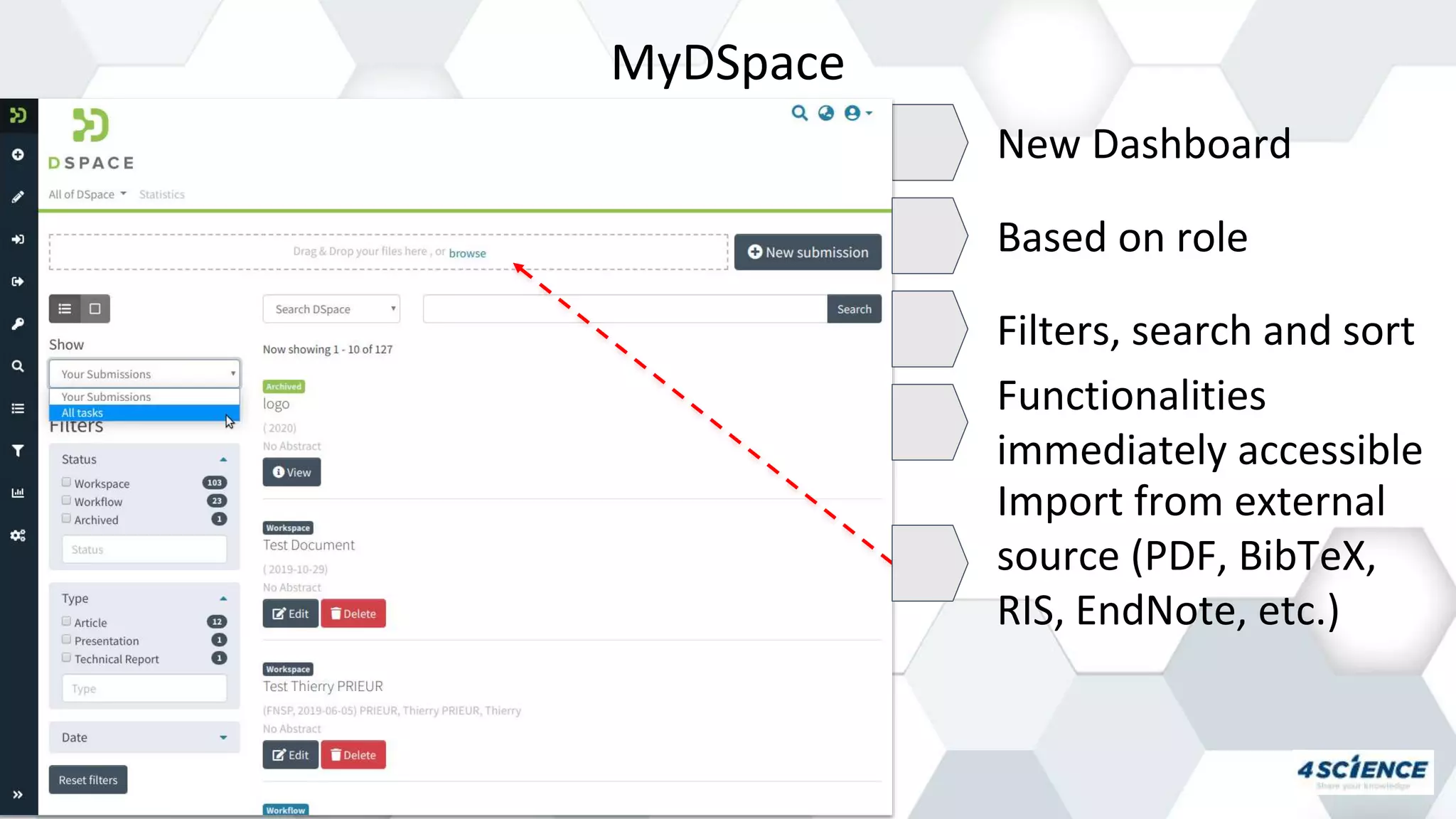 MyDSpace
New Dashboard
Based on role
Filters, search and sort
Functionalities
immediately accessible
Import from external
source (PDF, BibTeX,
RIS, EndNote, etc.)
 