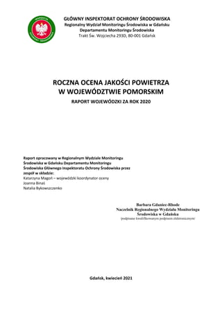 Raport rocznej oceny jakości powietrza w woj. pomorskim 2020 r. | PDF