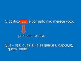 O político que é corrupto não merece voto.
pronome relativo
Que= o(s) qual(is), a(s) qual(is), cujo(a,s),
quem, onde
que
 