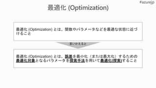最適化 (Optimization) とは、関数やパラメータなどを最適な状態に近づ
けること
最適化 (Optimization) とは、誤差を最小化（または最大化）するための
最適化対象となるパラメータを探索手法を用いて最適化(探索)すること
言いかえると
 