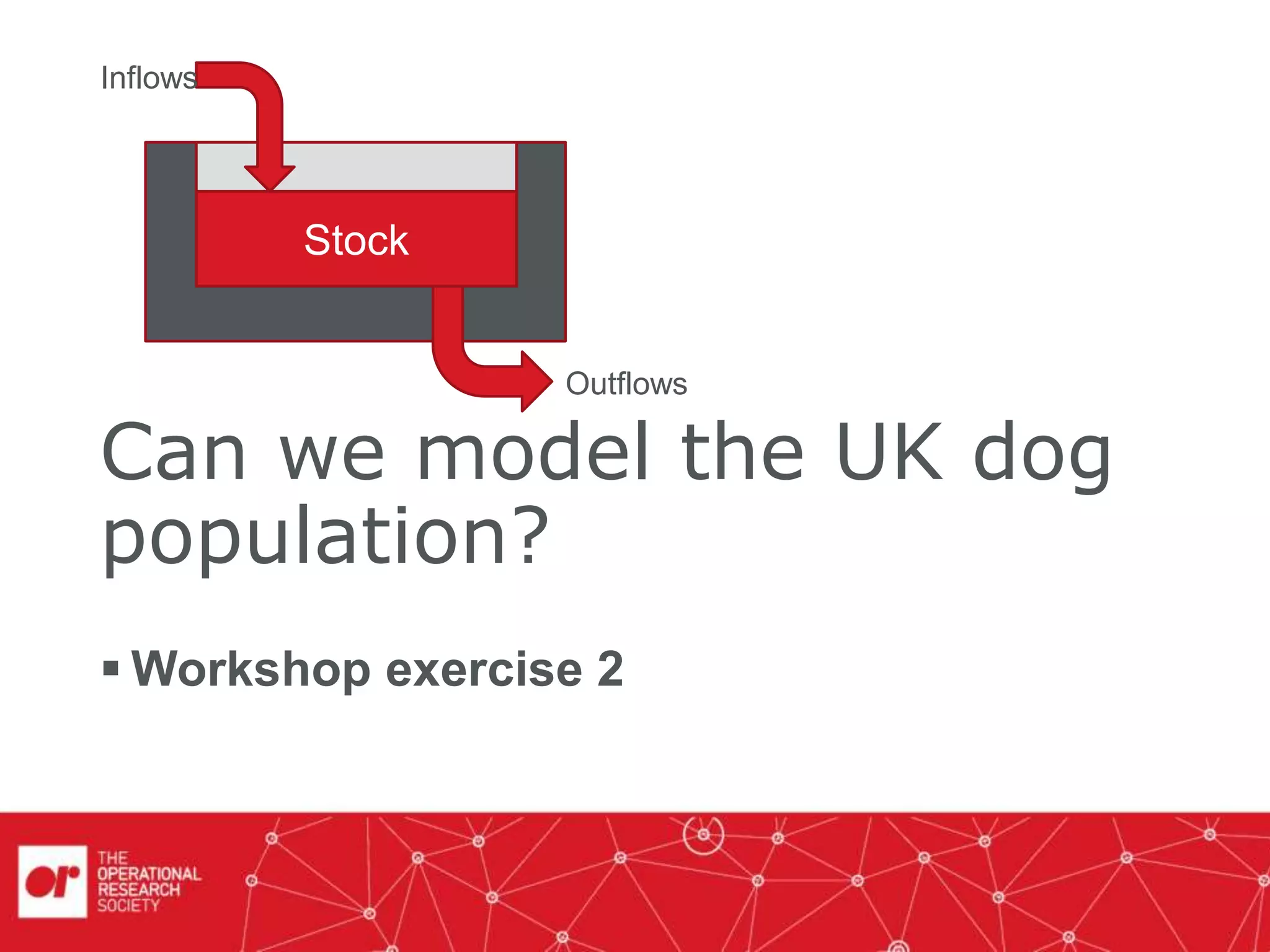 Can we model the UK dog
population?
 Workshop exercise 2
Stock
Inflows
Outflows
 
