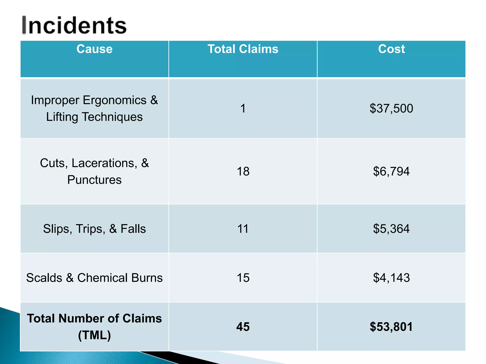Cause Total Claims Cost
Improper Ergonomics &
Lifting Techniques
1 $37,500
Cuts, Lacerations, &
Punctures
18 $6,794
Slips, Trips, & Falls 11 $5,364
Scalds & Chemical Burns 15 $4,143
Total Number of Claims
(TML)
45 $53,801
 