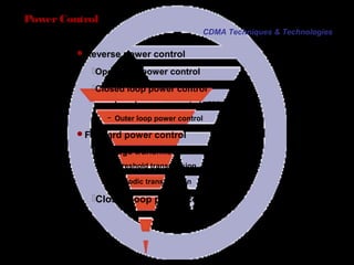 Page 32
PowerControl
Reverse power control
Open loop power control
Closed loop power control
− Inner loop power control: 800 Hz
− Outer loop power control
Forward power control
Message transmission mode:
− threshold transmission
− periodic transmission
Closed loop power control
.
CDMA Techniques & Technologies
 