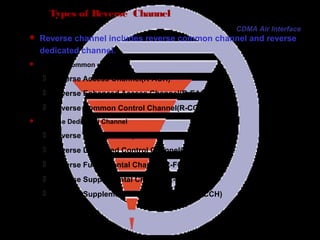Page 63
Types of Reverse Channel
 Reverse channel includes reverse common channel and reverse
dedicated channel.
 Reverse common channel:
 Reverse Access Channel(R-ACH)
 Reverse Enhanced Access Channel(R-EACH)
 Reverse Common Control Channel(R-CCCH)
 Reverse Dedicated Channel
 Reverse Pilot Channel(R-PICH)
 Reverse Dedicated Control Channel(R-DCCH)
 Reverse Fundamental Channel(R-FCH)
 Reverse Supplemental Channel(R-SCH)
 Reverse Supplemental Code Channel (R-SCCH)
CDMA Air Interface
 