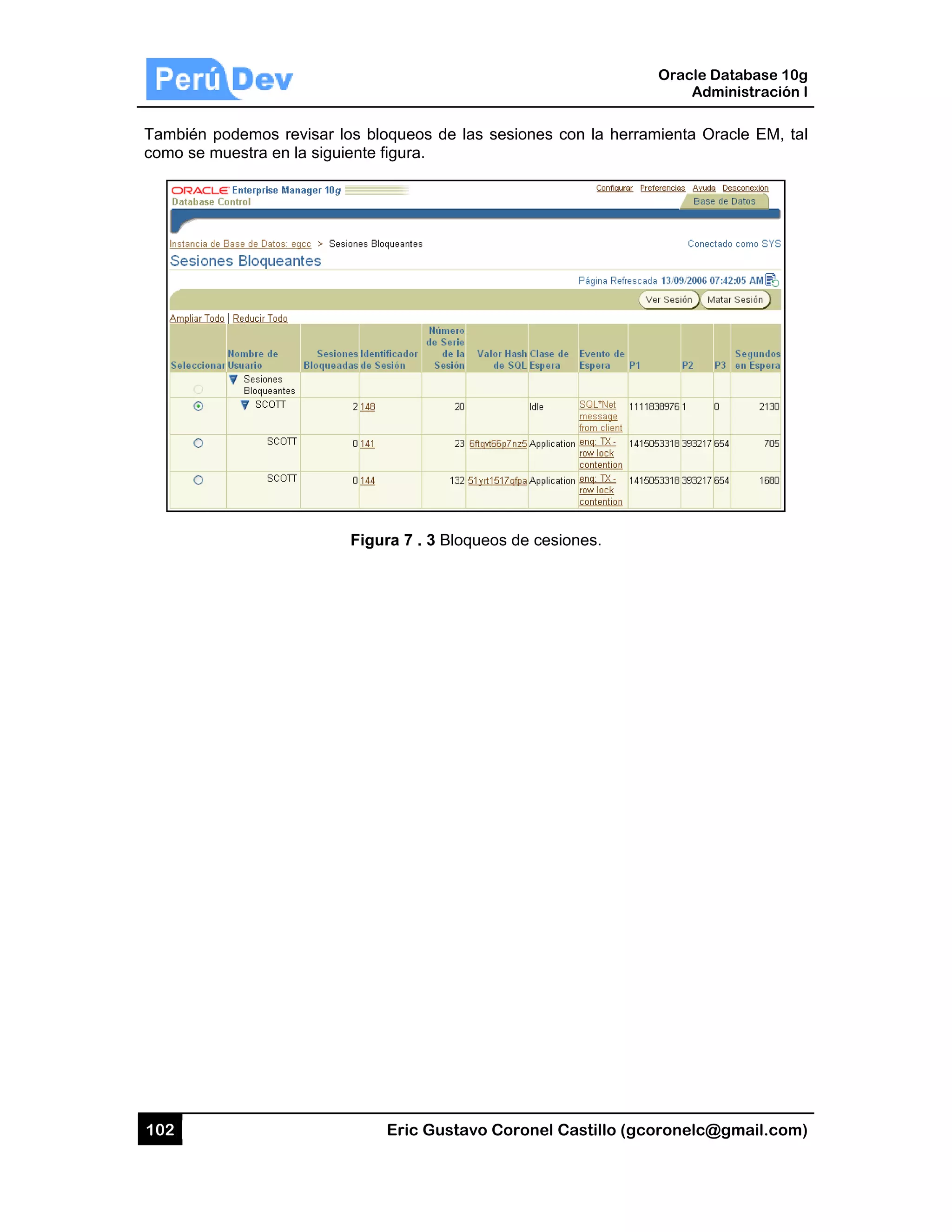102
También
como se
podemos re
muestra en
evisar los b
la siguiente
Fig
Eric Gust
loqueos de
figura.
ura 7 . 3 Blo
tavo Corone
las sesione
oqueos de ce
el Castillo (
es con la he
esiones.
Oracle
Ad
gcoronelc@
erramienta O
Database 10
dministración
@gmail.com
Oracle EM, t
0g
n I
m)
tal
 
