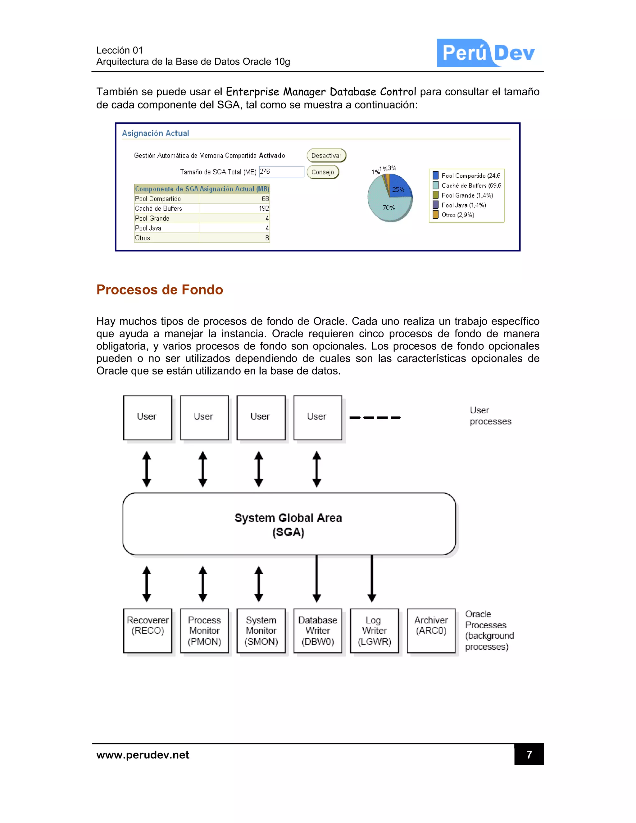 Lección 0
Arquitectu
www.pe
También
de cada c
Proces
Hay muc
que ayud
obligatori
pueden o
Oracle qu
1
ura de la Base
rudev.net
se puede u
componente
sos de Fo
chos tipos de
da a maneja
ia, y varios
o no ser ut
ue se están
e de Datos O
usar el Enter
e del SGA, ta
ondo
e procesos
ar la instan
procesos de
ilizados dep
utilizando e
racle 10g
rprise Mana
al como se m
de fondo de
cia. Oracle
e fondo son
pendiendo d
n la base de
ager Databa
muestra a co
e Oracle. Ca
requieren c
n opcionales
de cuales so
e datos.
ase Control
ontinuación:
ada uno rea
cinco proces
s. Los proce
on las carac
para consu
liza un traba
sos de fond
esos de fond
cterísticas o
7
ltar el tamañ
ajo específic
do de mane
do opcionale
opcionales d
7
ño
co
ra
es
de
 