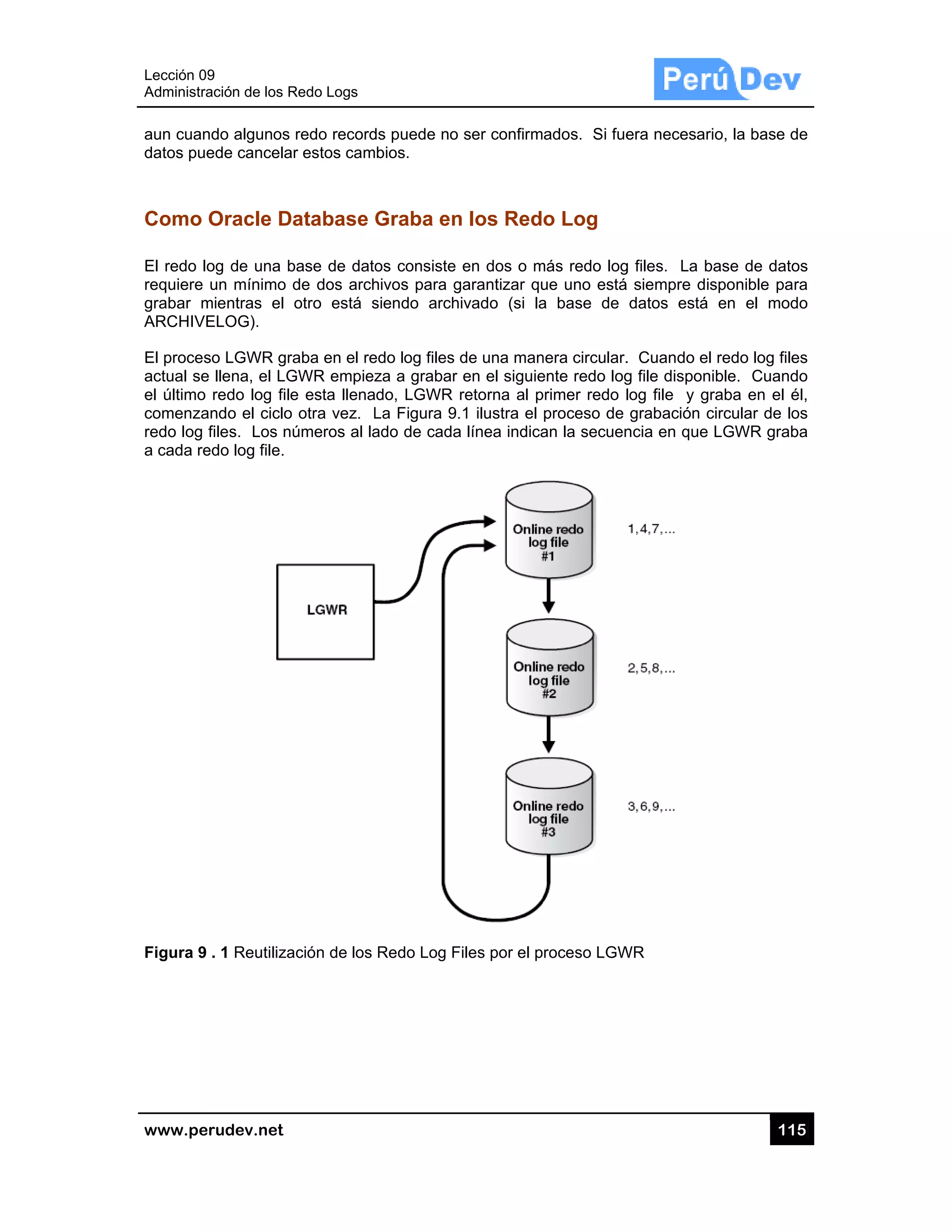 Lección 09
Administra
www.pe
aun cuan
datos pue
Como
El redo lo
requiere
grabar m
ARCHIVE
El proces
actual se
el último
comenza
redo log
a cada re
Figura 9
9
ación de los R
rudev.net
ndo algunos
ede cancela
Oracle D
og de una b
un mínimo
mientras el
ELOG).
so LGWR gr
e llena, el LG
redo log file
ando el ciclo
files. Los n
edo log file.
. 1 Reutiliza
Redo Logs
redo record
ar estos cam
atabase
base de dato
de dos arch
otro está s
raba en el re
GWR empiez
e esta llena
o otra vez. L
úmeros al la
ación de los
ds puede no
bios.
Graba en
os consiste
hivos para g
siendo arch
edo log files
za a grabar
do, LGWR
La Figura 9.
ado de cada
Redo Log F
ser confirm
n los Red
en dos o m
garantizar qu
ivado (si la
de una man
en el siguie
retorna al p
.1 ilustra el
a línea indica
Files por el p
ados. Si fue
o Log
más redo log
ue uno está
a base de
nera circular.
ente redo log
primer redo
proceso de
an la secuen
roceso LGW
era necesar
g files. La b
á siempre di
datos está
. Cuando el
g file dispon
log file y g
grabación c
ncia en que
WR
11
rio, la base d
base de dato
sponible pa
en el mod
l redo log file
nible. Cuand
raba en el é
circular de lo
LGWR grab
15
de
os
ra
do
es
do
él,
os
ba
 