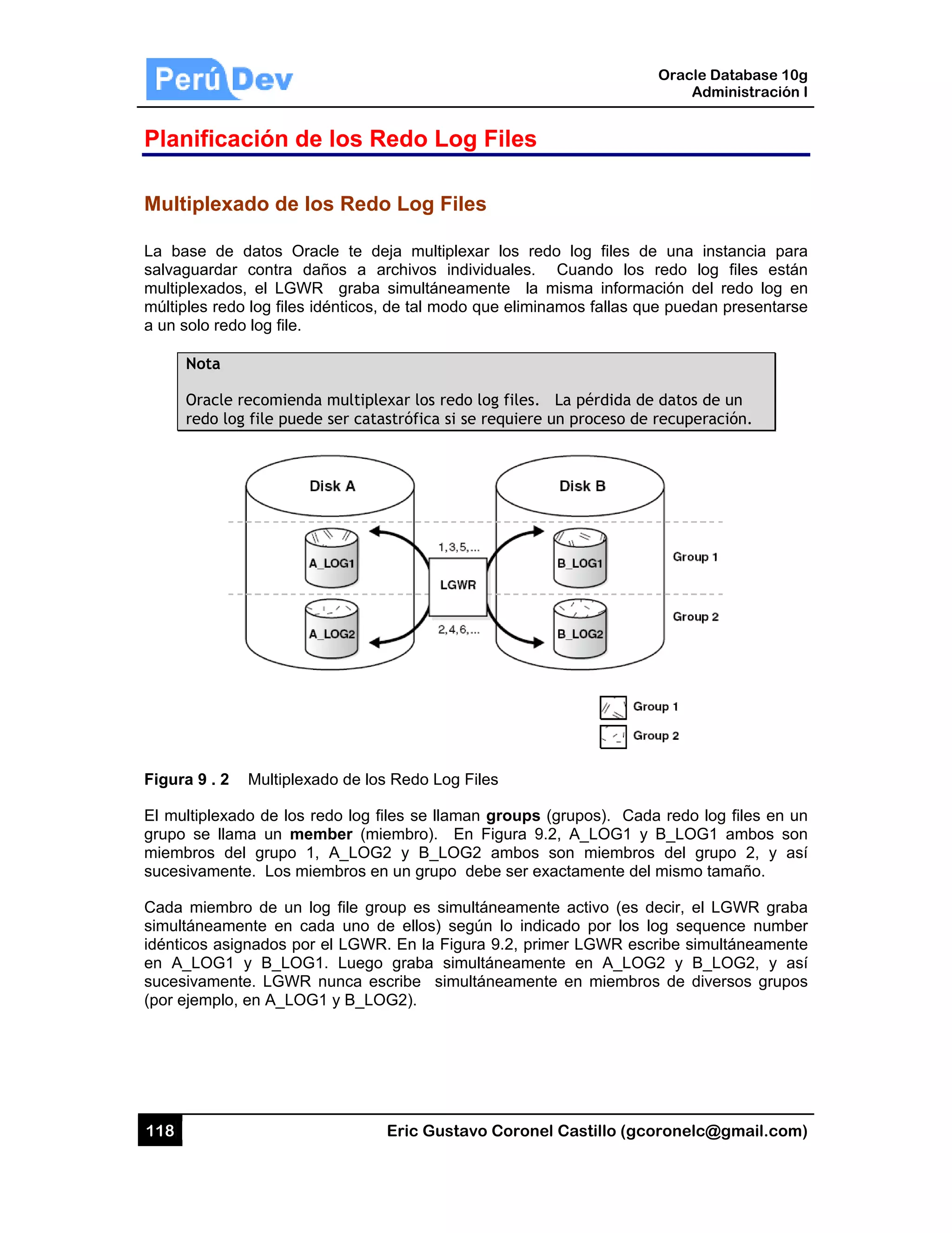 118
Planif
Multipl
La base
salvagua
multiplex
múltiples
a un solo
Not
Ora
red
Figura 9
El multip
grupo se
miembros
sucesiva
Cada mie
simultáne
idénticos
en A_LO
sucesiva
(por ejem
ficación
lexado de
de datos
ardar contra
ados, el LG
redo log file
o redo log file
ta
acle recomie
do log file pu
. 2 Multip
lexado de lo
e llama un m
s del grupo
mente. Los
embro de u
eamente en
asignados
OG1 y B_LO
mente. LGW
mplo, en A_L
de los R
e los Red
Oracle te d
a daños a
GWR graba
es idénticos,
e.
enda multipl
uede ser cat
lexado de lo
os redo log
member (m
o 1, A_LOG
miembros e
un log file g
cada uno
por el LGW
OG1. Luego
WR nunca e
LOG1 y B_LO
Eric Gust
Redo Lo
do Log Fi
deja multiple
archivos in
a simultánea
, de tal mod
lexar los red
tastrófica si
os Redo Log
files se llam
miembro). E
G2 y B_LO
en un grupo
roup es sim
de ellos) se
R. En la Fig
o graba sim
escribe sim
OG2).
tavo Corone
og Files
les
exar los re
dividuales.
amente la
o que elimin
do log files.
se requiere
g Files
man groups
En Figura 9
OG2 ambos
debe ser ex
multáneamen
egún lo ind
gura 9.2, prim
multáneame
multáneamen
el Castillo (
do log files
Cuando l
misma info
namos fallas
La pérdida
un proceso
(grupos). C
9.2, A_LOG1
son miemb
xactamente
nte activo (e
icado por lo
mer LGWR
nte en A_L
nte en miem
Oracle
Ad
gcoronelc@
s de una in
os redo lo
ormación de
s que pueda
a de datos d
de recupera
Cada redo lo
1 y B_LOG
bros del gr
del mismo t
es decir, el
os log sequ
escribe sim
LOG2 y B_
mbros de div
Database 10
dministración
@gmail.com
nstancia pa
g files está
l redo log e
n presentars
de un
ación.
og files en u
1 ambos so
upo 2, y a
tamaño.
LGWR grab
ence numb
ultáneamen
_LOG2, y a
versos grupo
0g
n I
m)
ra
án
en
se
un
on
así
ba
er
te
así
os
 