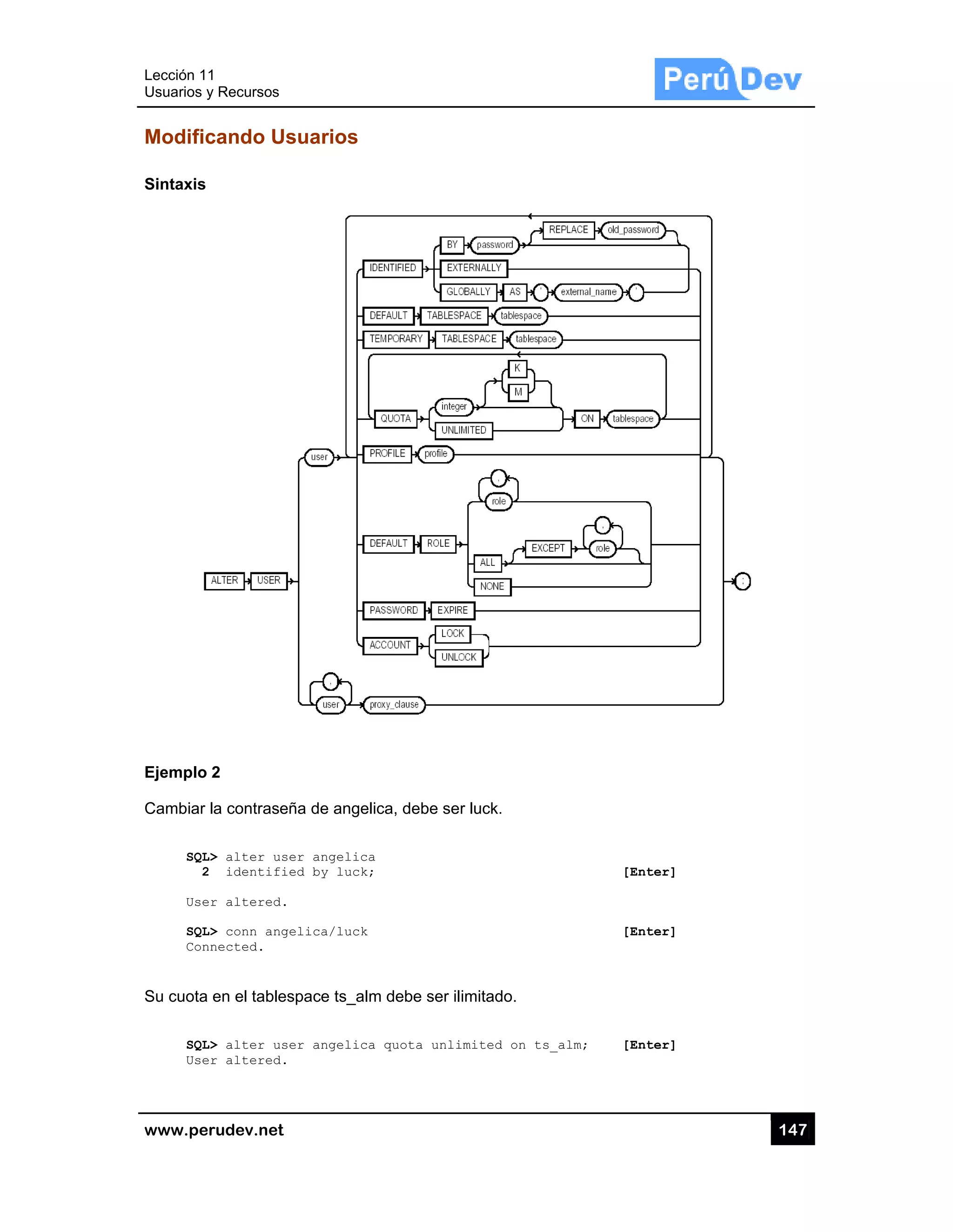 Lección 1
Usuarios y
www.pe
Modific
Sintaxis
Ejemplo
Cambiar
SQL
2
Use
SQL
Con
Su cuota
SQL
Use
1
y Recursos
rudev.net
cando Us
2
la contraseñ
L> alter use
2 identifie
er altered.
L> conn ange
nnected.
en el tables
L> alter use
er altered.
suarios
ña de angeli
er angelica
ed by luck;
elica/luck
space ts_alm
er angelica
ca, debe se
m debe ser il
quota unli
r luck.
limitado.
imited on ts
[
[
s_alm; [
[Enter]
[Enter]
[Enter]
1447
 