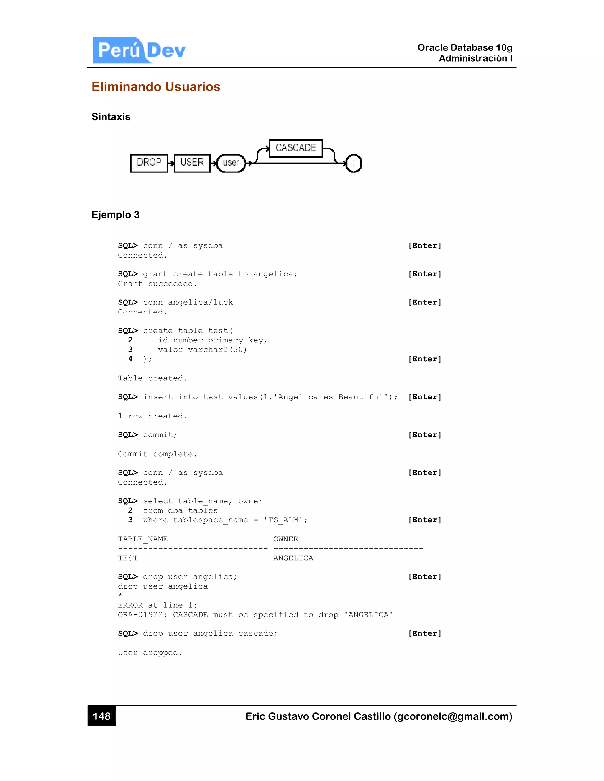 148
Elimina
Sintaxis
Ejemplo
SQL
Con
SQL
Gra
SQL
Con
SQL
2
3
4
Tab
SQL
1 r
SQL
Com
SQL
Con
SQL
2
3
TAB
---
TES
SQL
dro
*
ERR
ORA
SQL
Use
ando Usu
3
L> conn / as
nnected.
L> grant cre
ant succeede
L> conn ange
nnected.
L> create ta
2 id num
3 valor
4 );
ble created.
L> insert in
row created.
L> commit;
mmit complet
L> conn / as
nnected.
L> select ta
2 from dba_
3 where tab
BLE_NAME
------------
ST
L> drop user
op user ange
ROR at line
A-01922: CAS
L> drop user
er dropped.
uarios
s sysdba
eate table
ed.
elica/luck
able test(
mber primar
varchar2(3
.
nto test va
.
te.
s sysdba
able_name,
_tables
blespace_na
-----------
r angelica;
elica
1:
SCADE must
r angelica
Eric Gust
to angelica
y key,
0)
lues(1,'Ang
owner
me = 'TS_AL
OWNE
------ ----
ANGE
be specifie
cascade;
tavo Corone
a;
gelica es Be
LM';
ER
------------
ELICA
ed to drop '
el Castillo (
eautiful');
-----------
'ANGELICA'
Oracle
Ad
gcoronelc@
[Enter]
[Enter]
[Enter]
[Enter]
[Enter]
[Enter]
[Enter]
[Enter]
------
[Enter]
[Enter]
Database 10
dministración
@gmail.com
0g
n I
m)
 