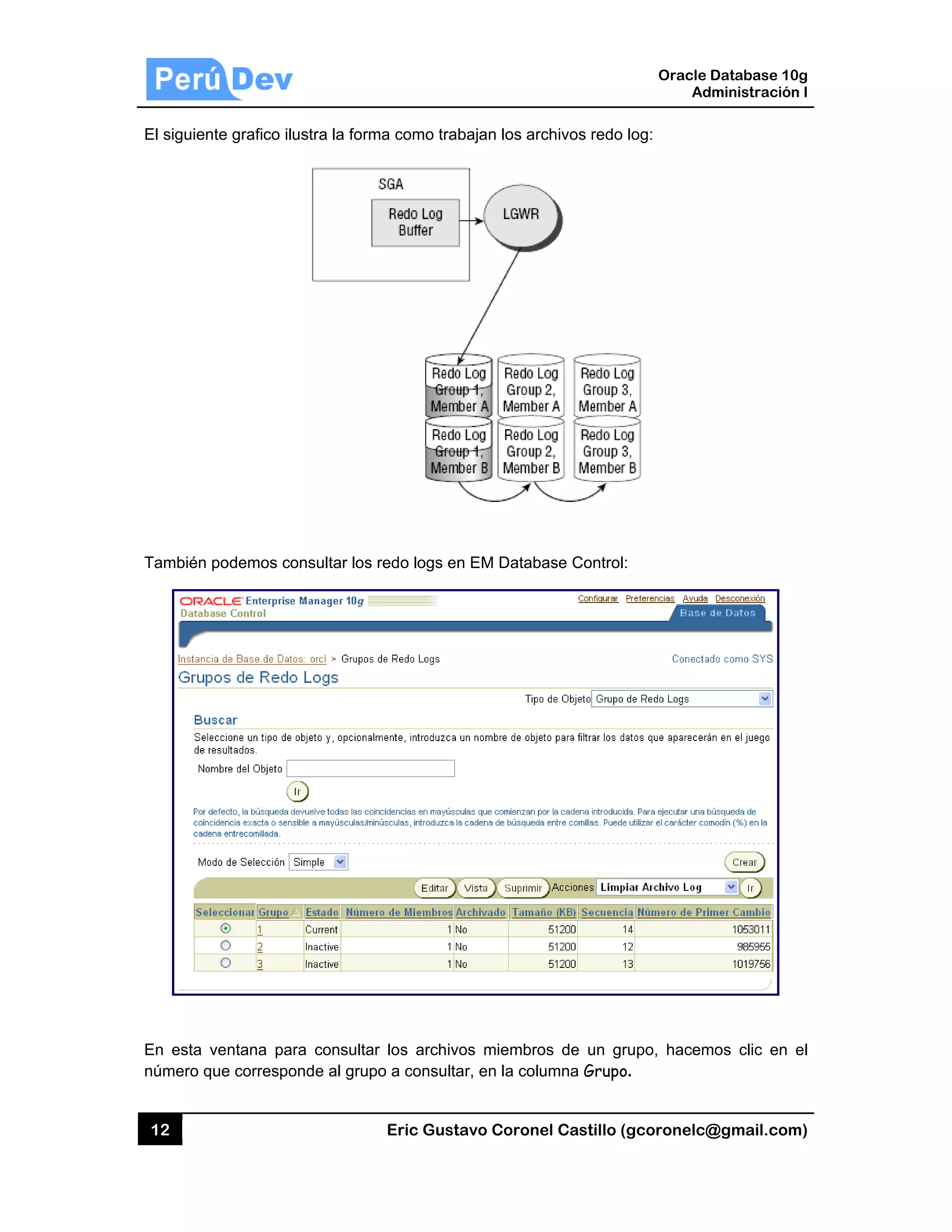 12
El siguien
También
En esta
número q
nte grafico il
podemos co
ventana pa
que correspo
ustra la form
onsultar los
ara consulta
onde al grup
Eric Gust
ma como trab
redo logs en
r los archiv
po a consulta
tavo Corone
bajan los arc
n EM Databa
os miembro
ar, en la colu
el Castillo (
chivos redo
ase Control:
os de un gr
umna Grupo
Oracle
Ad
gcoronelc@
log:
:
rupo, hacem
o.
Database 10
dministración
@gmail.com
mos clic en
0g
n I
m)
el
 