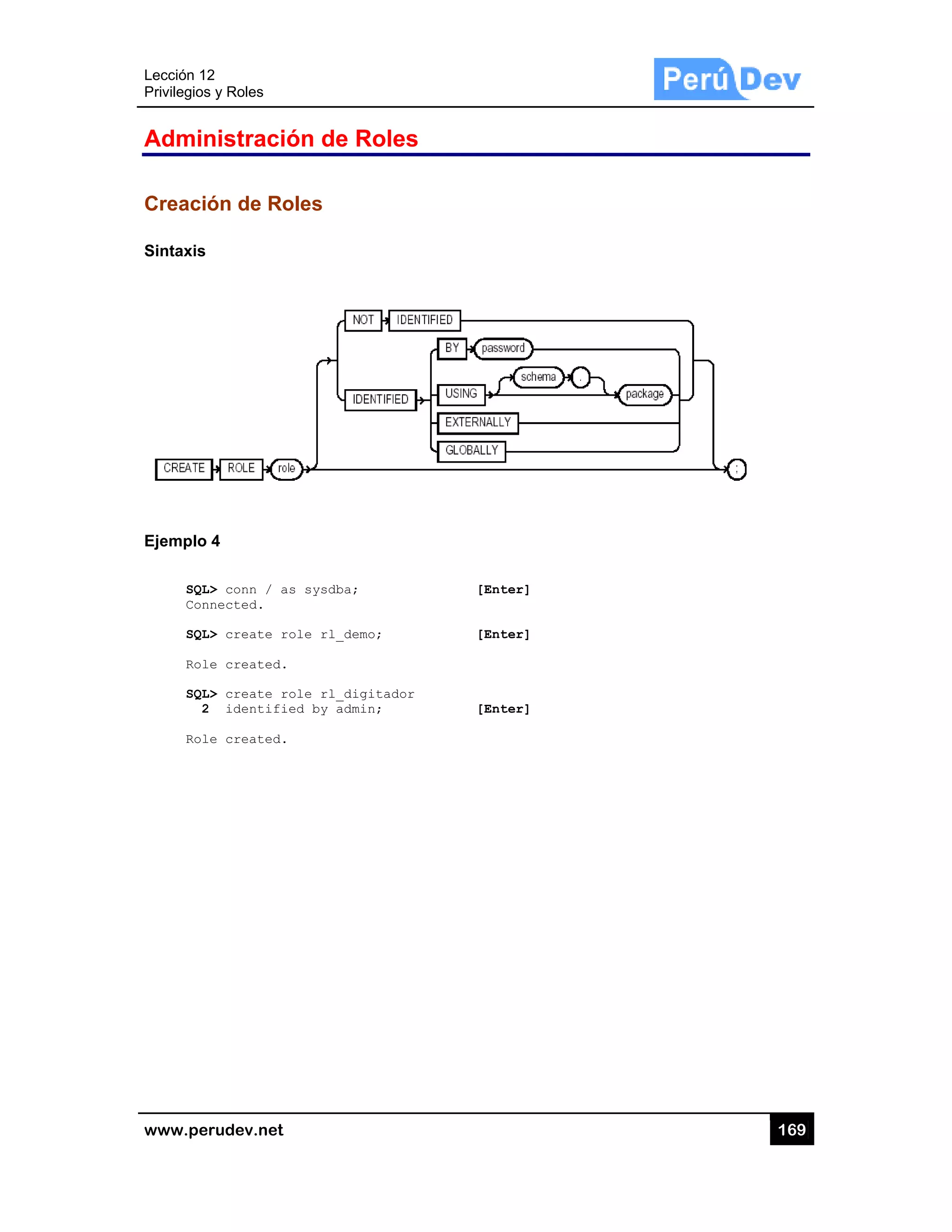 Lección 12
Privilegios
www.pe
Admin
Creació
Sintaxis
Ejemplo
SQL
Con
SQL
Rol
SQL
2
Rol
2
s y Roles
rudev.net
nistració
ón de Ro
4
L> conn / as
nnected.
L> create ro
le created.
L> create ro
2 identifie
le created.
ón de Ro
oles
s sysdba;
ole rl_demo
ole rl_digi
ed by admin
oles
;
tador
;
[Enter]
[Enter]
[Enter]
1669
 