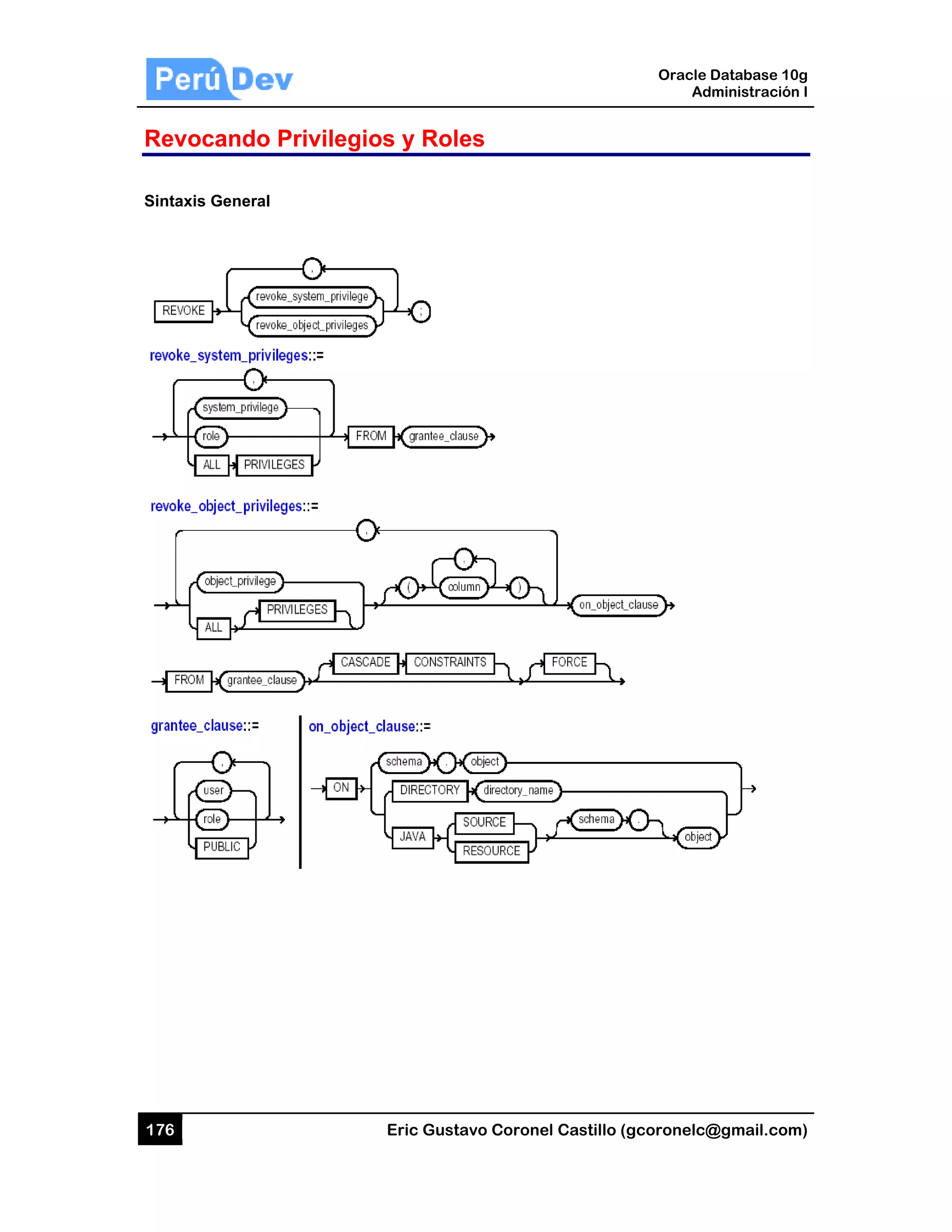 176
Revoc
Sintaxis
cando P
General
rivilegio
Eric Gust
os y Rol
tavo Corone
es
el Castillo (
Oracle
Ad
gcoronelc@
Database 10
dministración
@gmail.com
0g
n I
m)
 