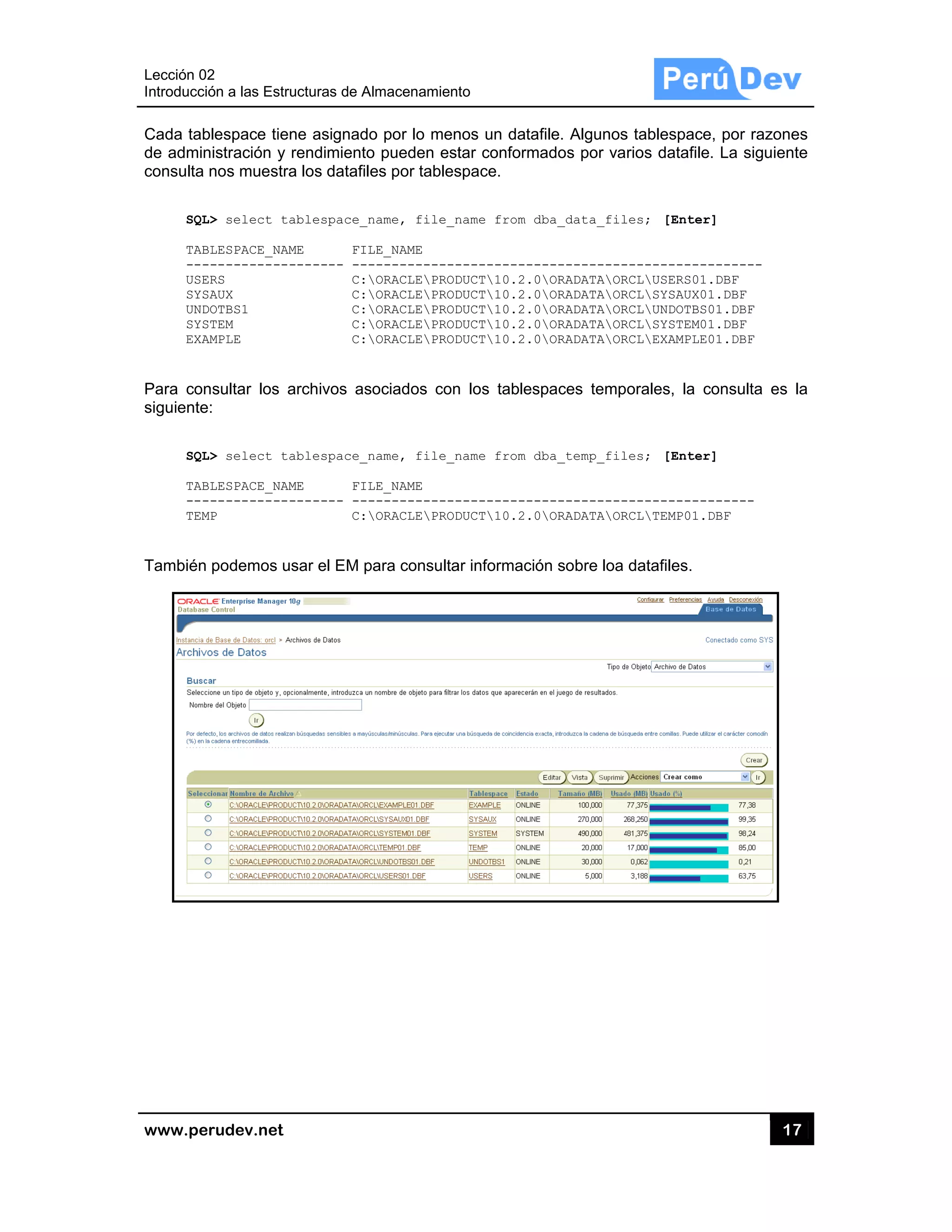 Lección 02
Introducci
www.pe
Cada tab
de admin
consulta
SQL
TAB
---
USE
SYS
UND
SYS
EXA
Para con
siguiente
SQL
TAB
---
TEM
También
2
ón a las Estru
rudev.net
blespace tien
nistración y
nos muestra
L> select ta
BLESPACE_NAM
------------
ERS
SAUX
DOTBS1
STEM
AMPLE
nsultar los a
e:
L> select ta
BLESPACE_NAM
------------
MP
podemos us
ucturas de Al
ne asignado
rendimiento
a los datafile
ablespace_n
ME FIL
------- ---
C:
C:
C:
C:
C:
archivos aso
ablespace_n
ME FIL
------- ---
C:
sar el EM pa
macenamient
o por lo men
pueden est
es por tables
ame, file_n
E_NAME
-----------
ORACLEPROD
ORACLEPROD
ORACLEPROD
ORACLEPROD
ORACLEPROD
ociados con
ame, file_n
E_NAME
-----------
ORACLEPROD
ara consulta
to
nos un dataf
tar conforma
space.
name from db
------------
DUCT10.2.0
DUCT10.2.0
DUCT10.2.0
DUCT10.2.0
DUCT10.2.0
n los tablesp
name from db
------------
DUCT10.2.0
ar informació
file. Algunos
ados por va
ba_data_fil
-----------
ORADATAOR
ORADATAOR
ORADATAOR
ORADATAOR
ORADATAOR
paces temp
ba_temp_fil
-----------
ORADATAOR
ón sobre loa
s tablespace
rios datafile
les; [Enter
------------
RCLUSERS01.
RCLSYSAUX01
RCLUNDOTBS0
RCLSYSTEM01
RCLEXAMPLE0
orales, la c
les; [Enter
------------
RCLTEMP01.D
datafiles.
17
e, por razone
. La siguien
r]
-------
.DBF
1.DBF
01.DBF
1.DBF
01.DBF
consulta es
r]
------
DBF
7
es
te
la
 