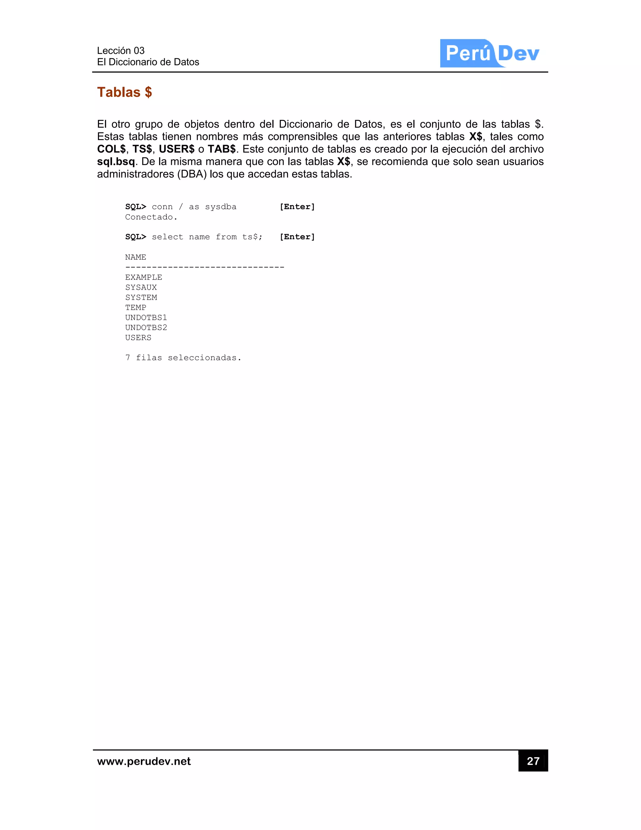 Lección 03
El Diccion
www.pe
Tablas
El otro g
Estas tab
COL$, TS
sql.bsq.
administr
SQL
Con
SQL
NAM
---
EXA
SYS
SYS
TEM
UND
UND
USE
7 f
3
nario de Datos
rudev.net
s $
grupo de obj
blas tienen
S$, USER$
De la mism
radores (DBA
L> conn / as
nectado.
L> select na
ME
------------
AMPLE
SAUX
STEM
MP
DOTBS1
DOTBS2
ERS
filas selecc
s
jetos dentro
nombres má
o TAB$. Es
a manera qu
A) los que a
s sysdba
ame from ts
-----------
cionadas.
o del Diccio
ás compren
ste conjunto
ue con las ta
accedan esta
[Enter
$; [Enter
------
nario de Da
nsibles que
de tablas e
ablas X$, se
as tablas.
r]
r]
atos, es el c
las anteriore
s creado po
e recomiend
conjunto de
es tablas X$
or la ejecució
a que solo s
27
las tablas
$, tales com
ón del archiv
sean usuario
7
$.
mo
vo
os
 
