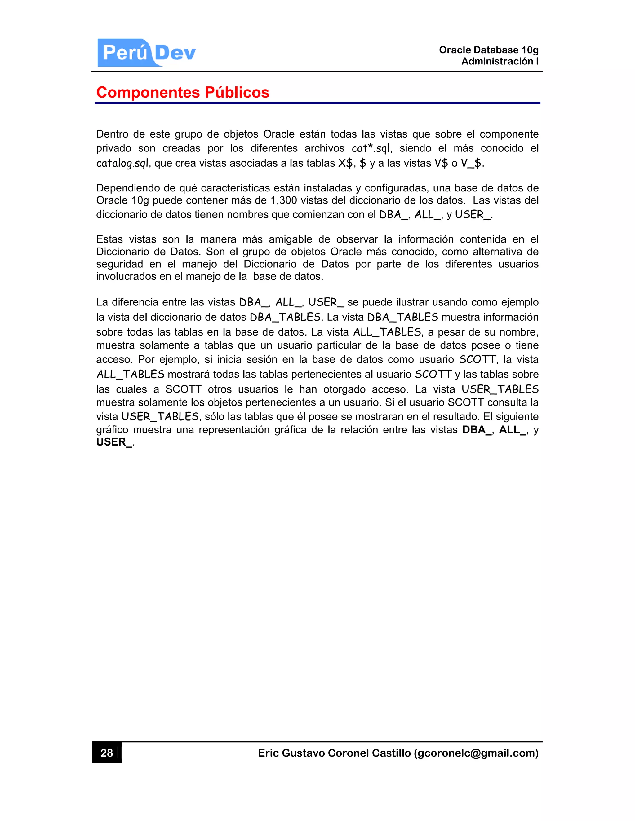 28
Comp
Dentro d
privado
catalog.s
Dependie
Oracle 10
diccionar
Estas vis
Diccionar
seguridad
involucra
La difere
la vista d
sobre tod
muestra
acceso.
ALL_TA
las cuale
muestra s
vista USE
gráfico m
USER_.
ponentes
e este grup
son creada
sql, que crea
endo de qué
0g puede co
rio de datos
stas son la
rio de Datos
d en el ma
ados en el m
ncia entre la
el diccionari
das las tabla
solamente a
Por ejemplo
BLES mostr
es a SCOT
solamente lo
ER_TABLES
muestra una
s Públic
po de objeto
as por los
a vistas asoc
é característ
ontener más
tienen nomb
manera m
s. Son el gr
anejo del D
anejo de la
as vistas DB
io de datos
as en la bas
a tablas que
o, si inicia s
rará todas la
TT otros usu
os objetos p
S, sólo las ta
representa
Eric Gust
cos
os Oracle es
diferentes a
ciadas a las
ticas están i
s de 1,300 v
bres que com
más amigabl
rupo de obje
Diccionario d
base de da
BA_, ALL_,
DBA_TABL
se de datos.
e un usuari
sesión en la
as tablas per
uarios le ha
perteneciente
ablas que él
ción gráfica
tavo Corone
stán todas
archivos ca
tablas X$, $
nstaladas y
istas del dic
mienzan con
e de obser
etos Oracle
de Datos po
tos.
USER_ se
LES. La vista
. La vista AL
o particular
a base de d
rtenecientes
an otorgado
es a un usua
posee se m
a de la relac
el Castillo (
las vistas q
at*.sql, sien
$ y a las vist
configurada
ccionario de
n el DBA_, A
rvar la infor
más conoc
or parte de
puede ilustr
a DBA_TAB
LL_TABLES
de la base
datos como
al usuario S
o acceso. L
ario. Si el us
mostraran en
ción entre la
Oracle
Ad
gcoronelc@
ue sobre el
ndo el más
tas V$ o V_
as, una base
los datos.
ALL_, y USE
rmación con
cido, como a
e los diferen
rar usando c
BLES muestr
S, a pesar d
e de datos p
usuario SCO
SCOTT y las
La vista US
suario SCOT
n el resultado
as vistas DB
Database 10
dministración
@gmail.com
l componen
conocido
_$.
e de datos d
Las vistas d
ER_.
ntenida en
alternativa d
ntes usuario
como ejemp
ra informació
de su nombr
posee o tien
OTT, la vis
s tablas sob
SER_TABLE
TT consulta
o. El siguien
BA_, ALL_,
0g
n I
m)
te
el
de
del
el
de
os
plo
ón
re,
ne
sta
re
ES
la
te
y
 