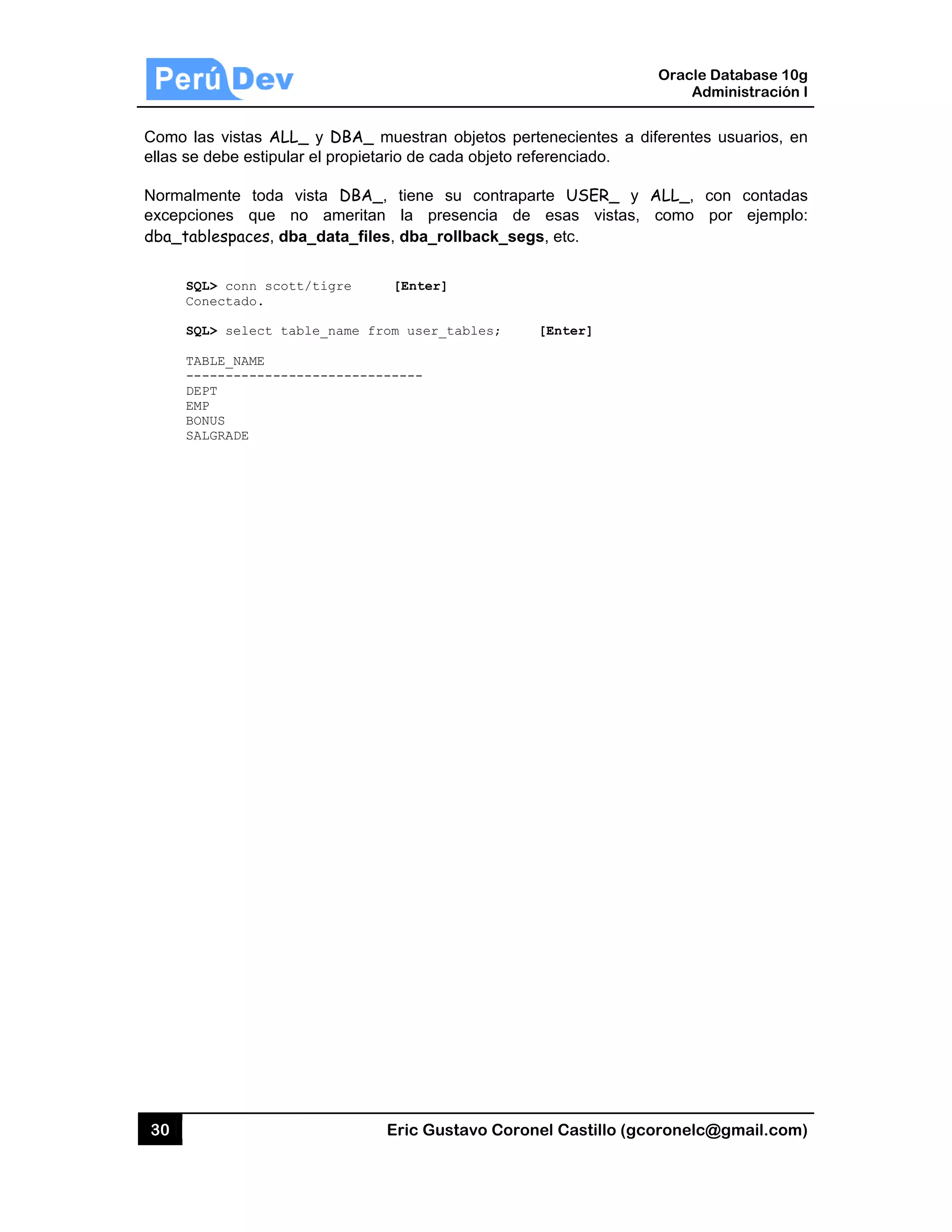 30
Como las
ellas se d
Normalm
excepcio
dba_tab
SQL
Con
SQL
TAB
---
DEP
EMP
BON
SAL
s vistas ALL
debe estipula
mente toda
nes que n
lespaces, db
L> conn scot
nectado.
L> select ta
BLE_NAME
------------
PT
P
NUS
LGRADE
L_ y DBA_
ar el propiet
vista DBA_
no amerita
ba_data_file
tt/tigre
able_name f
-----------
Eric Gust
muestran o
ario de cada
_, tiene su
an la pres
es, dba_roll
[Enter]
rom user_ta
------
tavo Corone
objetos perte
a objeto refe
u contrapart
encia de
lback_segs
ables; [
el Castillo (
enecientes a
erenciado.
te USER_
esas vista
s, etc.
[Enter]
Oracle
Ad
gcoronelc@
a diferentes
y ALL_, c
as, como
Database 10
dministración
@gmail.com
s usuarios, e
con contada
por ejempl
0g
n I
m)
en
as
o:
 