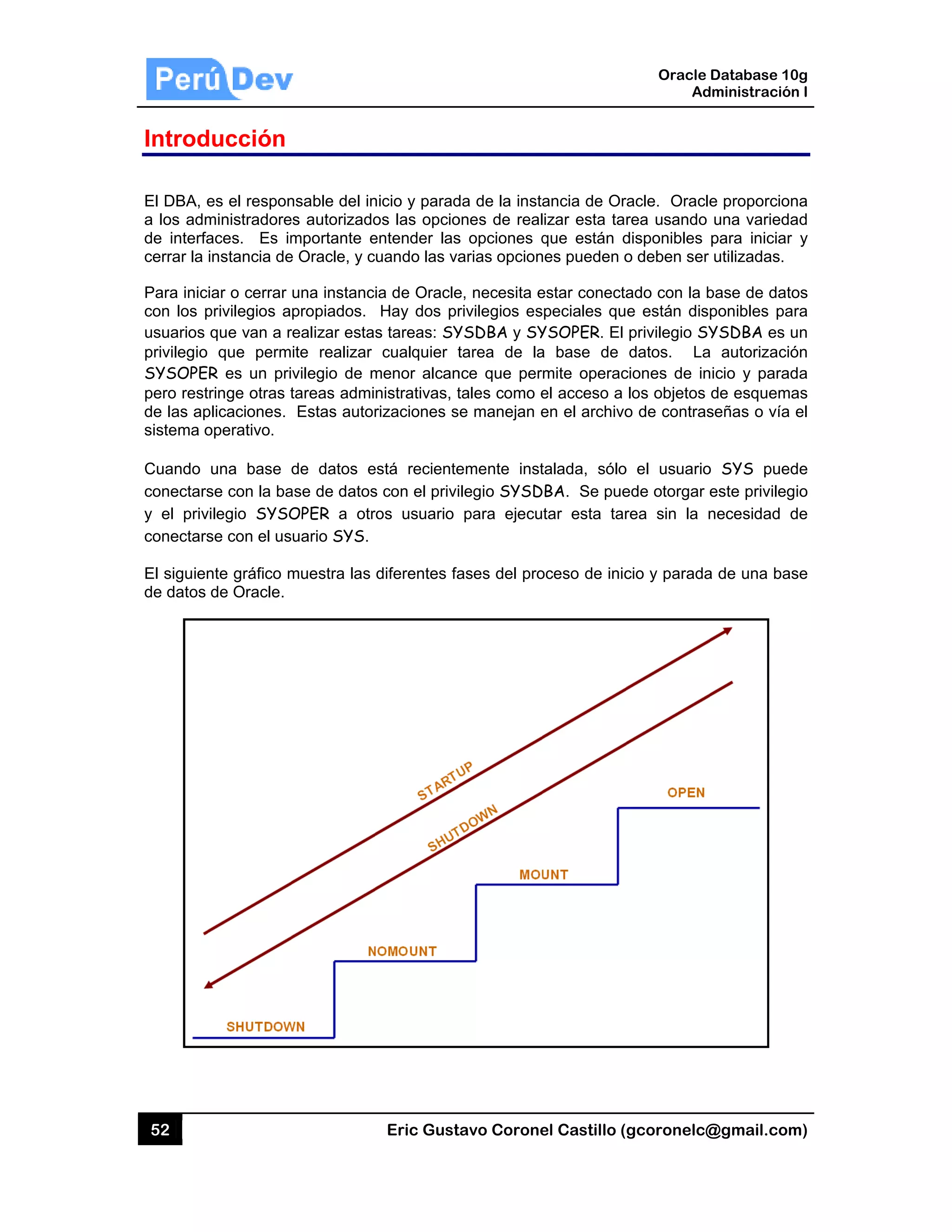 52
Introd
El DBA, e
a los adm
de interfa
cerrar la
Para inic
con los p
usuarios
privilegio
SYSOPE
pero rest
de las ap
sistema o
Cuando
conectars
y el priv
conectars
El siguien
de datos
ducción
es el respon
ministradore
aces. Es im
instancia de
iar o cerrar
privilegios a
que van a r
que perm
R es un pri
tringe otras t
plicaciones.
operativo.
una base
se con la ba
vilegio SYSO
se con el us
nte gráfico m
de Oracle.
nsable del in
s autorizado
mportante e
e Oracle, y c
una instanc
propiados.
realizar esta
ite realizar
vilegio de m
tareas admi
Estas autor
de datos e
ase de datos
OPER a otr
uario SYS.
muestra las
Eric Gust
nicio y parad
os las opcio
entender las
uando las va
ia de Oracle
Hay dos pr
s tareas: SY
cualquier t
menor alcan
nistrativas, t
rizaciones s
está reciente
s con el privi
ros usuario
diferentes fa
tavo Corone
da de la insta
ones de real
s opciones q
arias opcion
e, necesita e
rivilegios es
YSDBA y SY
tarea de la
nce que per
tales como e
e manejan e
emente inst
ilegio SYSD
para ejecu
ases del pro
el Castillo (
ancia de Or
izar esta ta
que están d
nes pueden o
estar conecta
peciales qu
YSOPER. El
a base de
mite operac
el acceso a
en el archivo
talada, sólo
BA. Se pue
tar esta tar
oceso de inic
Oracle
Ad
gcoronelc@
racle. Oracle
rea usando
disponibles
o deben ser
ado con la b
e están dis
privilegio SY
datos. La
ciones de in
los objetos
o de contras
o el usuario
ede otorgar
rea sin la n
cio y parada
Database 10
dministración
@gmail.com
e proporcion
una varieda
para iniciar
utilizadas.
base de dato
ponibles pa
YSDBA es u
a autorizació
nicio y parad
de esquema
señas o vía
o SYS pued
este privileg
necesidad d
a de una bas
0g
n I
m)
na
ad
y
os
ra
un
ón
da
as
el
de
gio
de
se
 