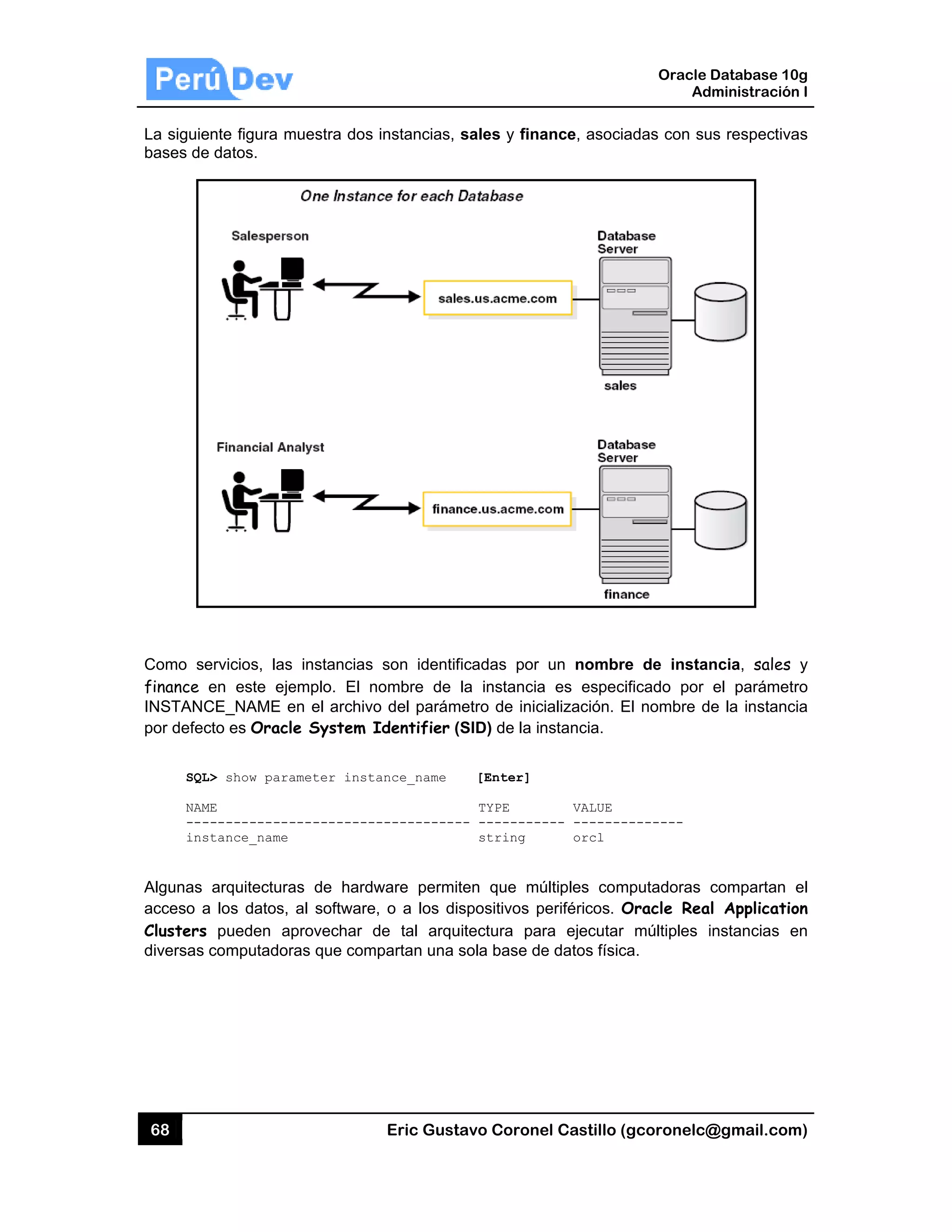 68
La siguie
bases de
Como se
finance
INSTANC
por defec
SQL
NAM
---
ins
Algunas
acceso a
Clusters
diversas
ente figura m
e datos.
ervicios, las
en este eje
CE_NAME e
cto es Oracl
L> show para
ME
------------
stance_name
arquitectura
a los datos,
pueden a
computador
muestra dos
s instancias
emplo. El n
en el archivo
le System I
ameter inst
-----------
as de hardw
al software
provechar d
ras que com
Eric Gust
instancias,
son identif
nombre de
o del parám
Identifier (
ance_name
-----------
ware permit
, o a los di
de tal arqu
mpartan una
tavo Corone
sales y fina
ficadas por
la instancia
metro de inic
(SID) de la in
[Enter]
TYPE
-- ---------
string
ten que mú
spositivos p
uitectura pa
sola base de
el Castillo (
ance, asocia
un nombre
a es especi
cialización. E
nstancia.
VALUE
--- -------
orcl
últiples com
periféricos. O
ra ejecutar
e datos físic
Oracle
Ad
gcoronelc@
adas con su
e de instan
ificado por
El nombre d
--------
mputadoras
Oracle Rea
múltiples i
ca.
Database 10
dministración
@gmail.com
us respectiva
ncia, sales
el parámet
e la instanc
compartan
l Applicatio
instancias e
0g
n I
m)
as
y
ro
cia
el
on
en
 