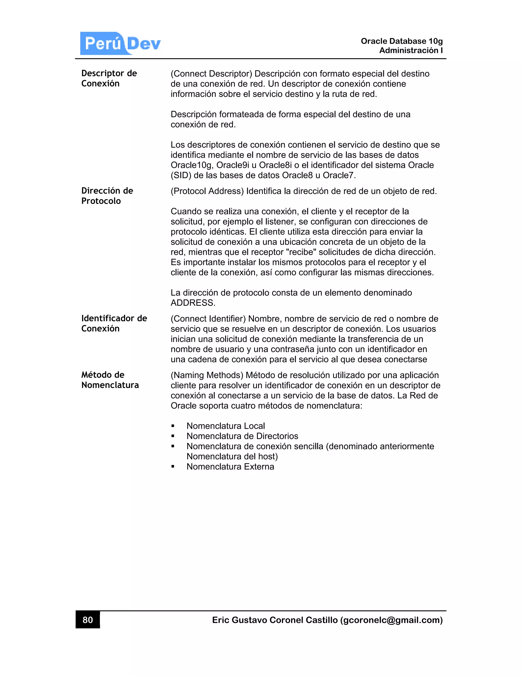80
Descript
Conexió
Direcció
Protoco
Identific
Conexió
Método
Nomenc
tor de
ón
ón de
lo
cador de
ón
de
clatura
(Connect
de una co
informaci
Descripci
conexión
Los desc
identifica
Oracle10
(SID) de
(Protocol
Cuando s
solicitud,
protocolo
solicitud d
red, mien
Es import
cliente de
La direcc
ADDRES
(Connect
servicio q
inician un
nombre d
una cade
(Naming
cliente pa
conexión
Oracle so
Nome
Nome
Nome
Nome
Nome
Eric Gust
t Descriptor)
onexión de r
ión sobre el
ión formatea
de red.
criptores de c
mediante e
0g, Oracle9i
las bases de
Address) Id
se realiza un
por ejemplo
o idénticas. E
de conexión
ntras que el
tante instala
e la conexión
ción de proto
SS.
t Identifier) N
que se resue
na solicitud d
de usuario y
ena de conex
Methods) M
ara resolver
al conectar
oporta cuatro
enclatura Lo
enclatura de
enclatura de
enclatura de
enclatura Ex
tavo Corone
) Descripción
red. Un desc
servicio des
ada de forma
conexión co
l nombre de
u Oracle8i o
e datos Orac
dentifica la d
na conexión
o el listener,
El cliente util
n a una ubica
receptor "rec
ar los mismo
n, así como
ocolo consta
Nombre, nom
elve en un d
de conexión
una contras
xión para el
Método de re
un identifica
rse a un serv
o métodos d
ocal
e Directorios
e conexión s
el host)
xterna
el Castillo (
n con format
criptor de co
stino y la ruta
a especial d
ntienen el se
e servicio de
o el identifica
cle8 u Oracl
dirección de
, el cliente y
se configura
liza esta dire
ación concre
cibe" solicitu
os protocolos
configurar la
de un elem
mbre de serv
escriptor de
mediante la
seña junto co
servicio al q
solución util
ador de cone
vicio de la ba
de nomencla
s
sencilla (den
Oracle
Ad
gcoronelc@
to especial d
onexión cont
a de red.
el destino de
ervicio de de
las bases d
ador del siste
e7.
red de un ob
el receptor
an con direc
ección para
eta de un ob
udes de dich
s para el rec
as mismas d
ento denom
vicio de red
conexión. L
a transferenc
on un identif
que desea co
izado por un
exión en un
ase de datos
atura:
ominado an
Database 10
dministración
@gmail.com
del destino
tiene
e una
estino que s
de datos
ema Oracle
bjeto de red
de la
cciones de
enviar la
bjeto de la
ha dirección.
ceptor y el
direcciones.
minado
o nombre de
Los usuarios
cia de un
ficador en
onectarse
na aplicación
descriptor d
s. La Red de
teriormente
0g
n I
m)
e
.
.
e
s
n
e
e
 