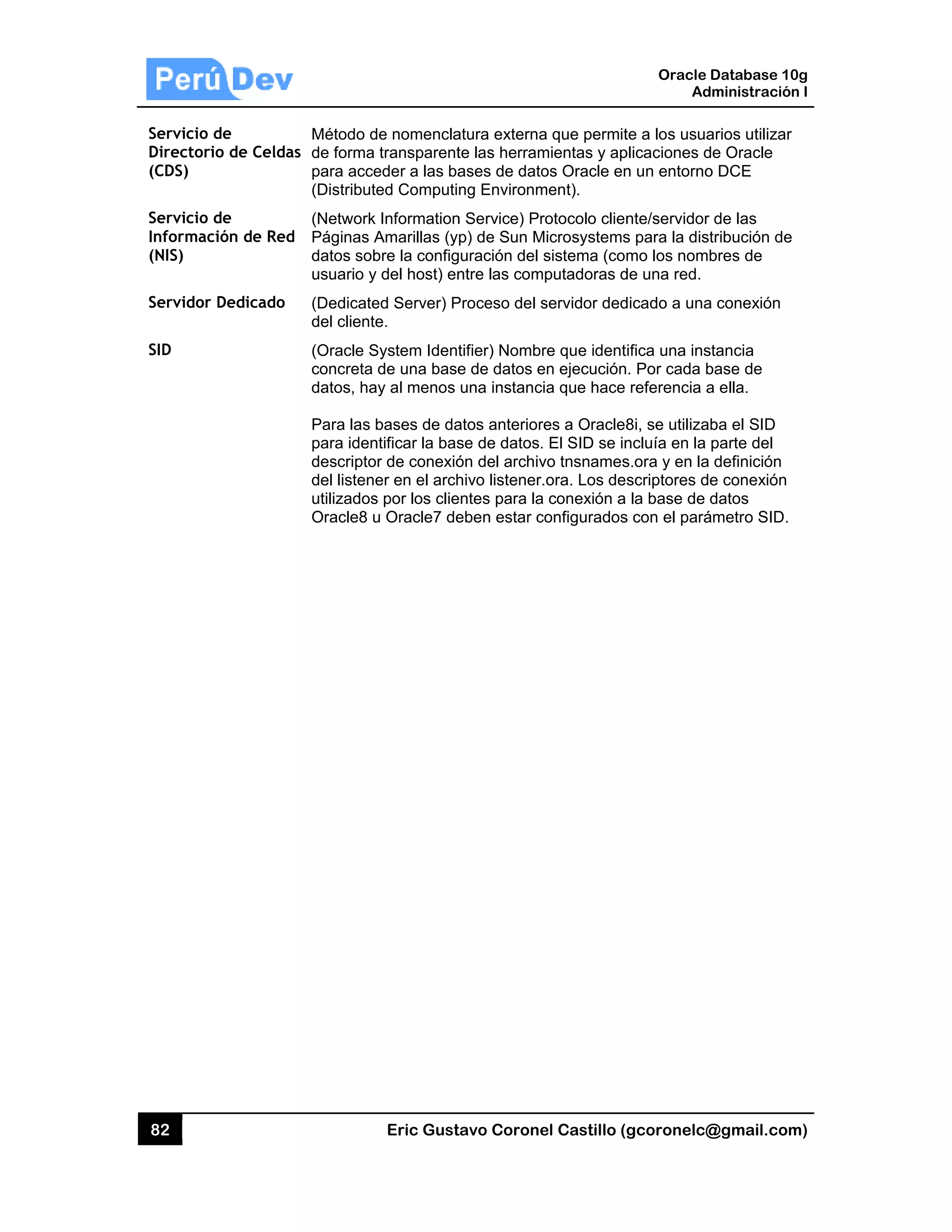 82
Servicio
Director
(CDS)
Servicio
Informac
(NIS)
Servidor
SID
de
rio de Celda
de
ción de Red
r Dedicado
as
Método d
de forma
para acce
(Distribut
d
(Network
Páginas A
datos sob
usuario y
(Dedicate
del client
(Oracle S
concreta
datos, ha
Para las
para iden
descripto
del listen
utilizados
Oracle8 u
Eric Gust
de nomencla
transparent
eder a las ba
ted Computi
k Information
Amarillas (y
bre la config
y del host) en
ed Server) P
e.
System Ident
de una base
ay al menos
bases de da
ntificar la bas
or de conexió
er en el arch
s por los clie
u Oracle7 de
tavo Corone
atura externa
te las herram
ases de dato
ng Environm
n Service) Pr
p) de Sun M
uración del
ntre las com
Proceso del s
tifier) Nombr
e de datos e
una instanc
atos anterior
se de datos.
ón del archiv
hivo listener
entes para la
eben estar c
el Castillo (
a que permit
mientas y ap
os Oracle en
ment).
rotocolo clien
Microsystems
sistema (co
mputadoras d
servidor ded
re que ident
en ejecución
ia que hace
res a Oracle8
. El SID se in
vo tnsnames
.ora. Los de
a conexión a
configurados
Oracle
Ad
gcoronelc@
te a los usua
plicaciones d
n un entorno
nte/servidor
s para la dist
mo los nomb
de una red.
dicado a una
ifica una ins
. Por cada b
referencia a
8i, se utiliza
ncluía en la
s.ora y en la
scriptores d
la base de
s con el pará
Database 10
dministración
@gmail.com
arios utilizar
de Oracle
o DCE
de las
tribución de
bres de
a conexión
stancia
base de
a ella.
ba el SID
parte del
definición
e conexión
datos
ámetro SID.
0g
n I
m)
 