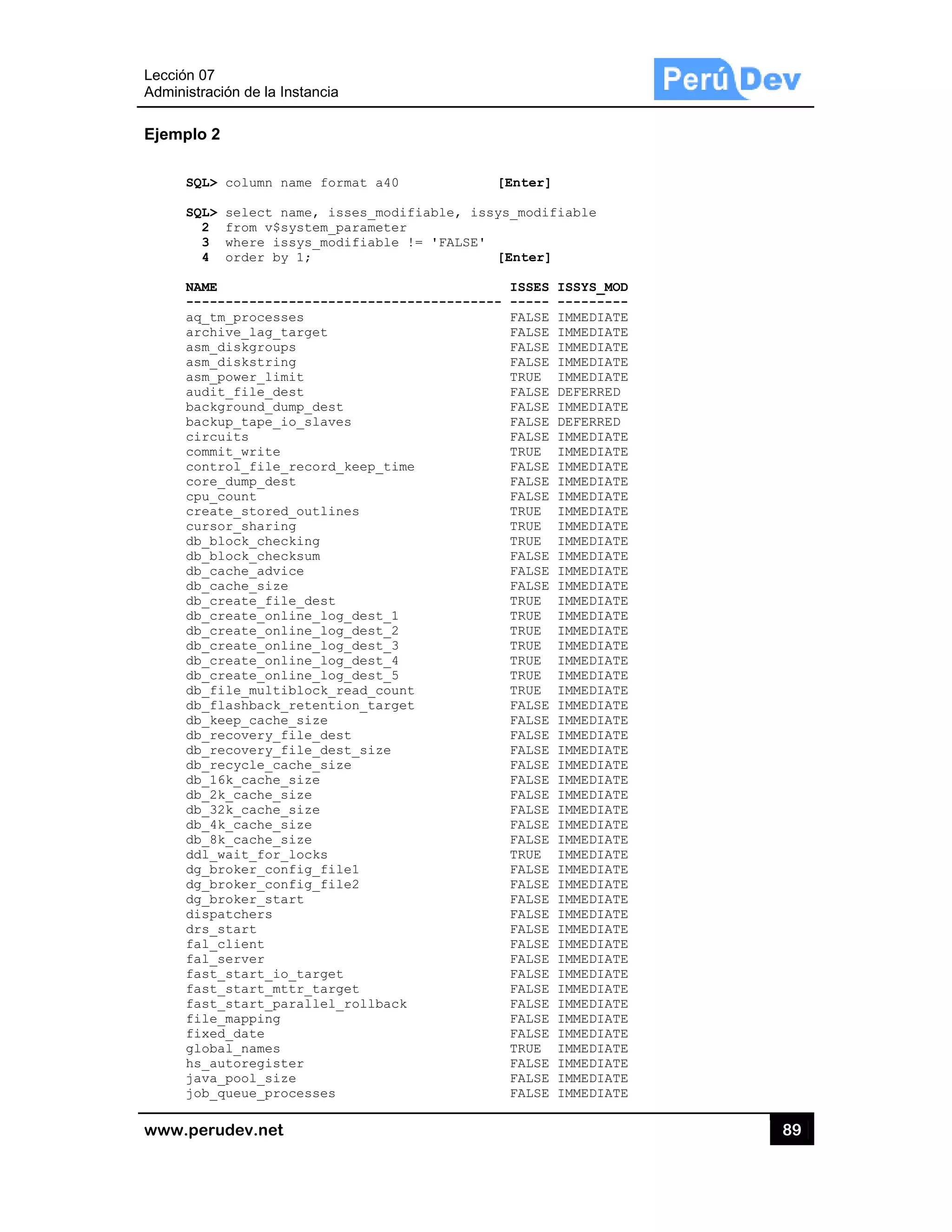 Lección 07
Administra
www.pe
Ejemplo
SQL
SQL
2
3
4
NAM
---
aq_
arc
asm
asm
asm
aud
bac
bac
cir
com
con
cor
cpu
cre
cur
db_
db_
db_
db_
db_
db_
db_
db_
db_
db_
db_
db_
db_
db_
db_
db_
db_
db_
db_
db_
db_
ddl
dg_
dg_
dg_
dis
drs
fal
fal
fas
fas
fas
fil
fix
glo
hs_
jav
job
7
ación de la In
rudev.net
2
L> column na
L> select na
2 from v$sy
3 where iss
4 order by
ME
------------
_tm_processe
chive_lag_ta
m_diskgroups
m_diskstring
m_power_limi
dit_file_des
ckground_dum
ckup_tape_io
rcuits
mmit_write
ntrol_file_r
re_dump_dest
u_count
eate_stored_
rsor_sharing
_block_check
_block_check
_cache_advic
_cache_size
_create_file
_create_onli
_create_onli
_create_onli
_create_onli
_create_onli
_file_multib
_flashback_r
_keep_cache_
_recovery_fi
_recovery_fi
_recycle_cac
_16k_cache_s
_2k_cache_si
_32k_cache_s
_4k_cache_si
_8k_cache_si
l_wait_for_l
_broker_conf
_broker_conf
_broker_star
spatchers
s_start
l_client
l_server
st_start_io_
st_start_mtt
st_start_par
le_mapping
xed_date
obal_names
_autoregiste
va_pool_size
b_queue_proc
stancia
ame format
ame, isses_
ystem_param
sys_modifia
1;
-----------
es
arget
s
g
it
st
mp_dest
o_slaves
record_keep
t
_outlines
g
king
ksum
ce
e_dest
ine_log_des
ine_log_des
ine_log_des
ine_log_des
ine_log_des
block_read_
retention_t
_size
ile_dest
ile_dest_si
che_size
size
ize
size
ize
ize
locks
fig_file1
fig_file2
rt
_target
tr_target
rallel_roll
er
e
cesses
a40
_modifiable,
meter
ble != 'FAL
-----------
_time
t_1
t_2
t_3
t_4
t_5
_count
arget
ze
back
[Enter
, issys_modi
LSE'
[Enter
ISSES
------ -----
FALSE
FALSE
FALSE
FALSE
TRUE
FALSE
FALSE
FALSE
FALSE
TRUE
FALSE
FALSE
FALSE
TRUE
TRUE
TRUE
FALSE
FALSE
FALSE
TRUE
TRUE
TRUE
TRUE
TRUE
TRUE
TRUE
FALSE
FALSE
FALSE
FALSE
FALSE
FALSE
FALSE
FALSE
FALSE
FALSE
TRUE
FALSE
FALSE
FALSE
FALSE
FALSE
FALSE
FALSE
FALSE
FALSE
FALSE
FALSE
FALSE
TRUE
FALSE
FALSE
FALSE
r]
ifiable
r]
S ISSYS_MOD
- ---------
E IMMEDIATE
E IMMEDIATE
E IMMEDIATE
E IMMEDIATE
IMMEDIATE
E DEFERRED
E IMMEDIATE
E DEFERRED
E IMMEDIATE
IMMEDIATE
E IMMEDIATE
E IMMEDIATE
E IMMEDIATE
IMMEDIATE
IMMEDIATE
IMMEDIATE
E IMMEDIATE
E IMMEDIATE
E IMMEDIATE
IMMEDIATE
IMMEDIATE
IMMEDIATE
IMMEDIATE
IMMEDIATE
IMMEDIATE
IMMEDIATE
E IMMEDIATE
E IMMEDIATE
E IMMEDIATE
E IMMEDIATE
E IMMEDIATE
E IMMEDIATE
E IMMEDIATE
E IMMEDIATE
E IMMEDIATE
E IMMEDIATE
IMMEDIATE
E IMMEDIATE
E IMMEDIATE
E IMMEDIATE
E IMMEDIATE
E IMMEDIATE
E IMMEDIATE
E IMMEDIATE
E IMMEDIATE
E IMMEDIATE
E IMMEDIATE
E IMMEDIATE
E IMMEDIATE
IMMEDIATE
E IMMEDIATE
E IMMEDIATE
E IMMEDIATE
D
-
E
E
E
E
E
E
E
E
E
E
E
E
E
E
E
E
E
E
E
E
E
E
E
E
E
E
E
E
E
E
E
E
E
E
E
E
E
E
E
E
E
E
E
E
E
E
E
E
E
E
E
899
 