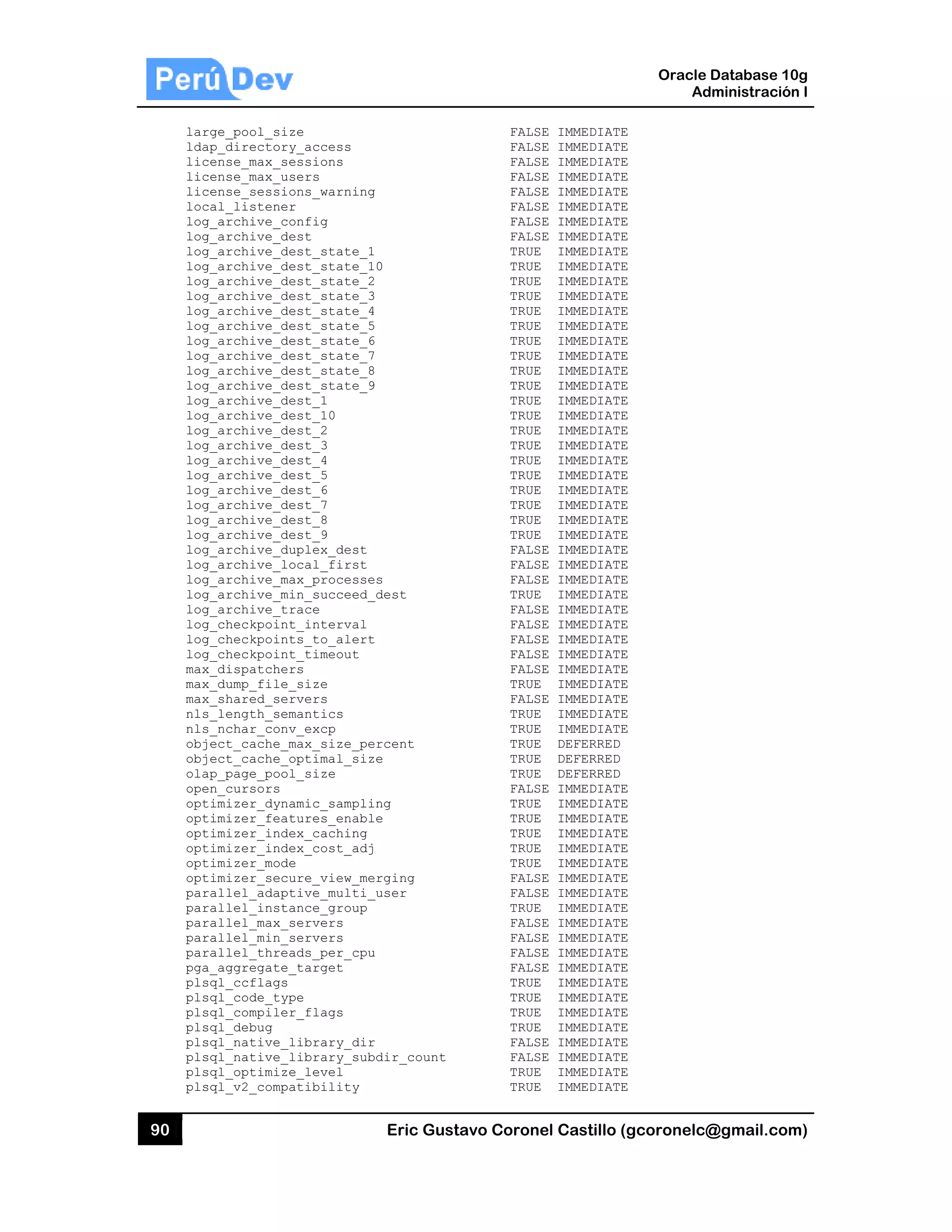90
lar
lda
lic
lic
lic
loc
log
log
log
log
log
log
log
log
log
log
log
log
log
log
log
log
log
log
log
log
log
log
log
log
log
log
log
log
log
log
max
max
max
nls
nls
obj
obj
ola
ope
opt
opt
opt
opt
opt
opt
par
par
par
par
par
pga
pls
pls
pls
pls
pls
pls
pls
pls
rge_pool_siz
ap_directory
cense_max_se
cense_max_us
cense_sessio
cal_listener
g_archive_co
g_archive_de
g_archive_de
g_archive_de
g_archive_de
g_archive_de
g_archive_de
g_archive_de
g_archive_de
g_archive_de
g_archive_de
g_archive_de
g_archive_de
g_archive_de
g_archive_de
g_archive_de
g_archive_de
g_archive_de
g_archive_de
g_archive_de
g_archive_de
g_archive_de
g_archive_du
g_archive_lo
g_archive_ma
g_archive_mi
g_archive_tr
g_checkpoint
g_checkpoint
g_checkpoint
x_dispatcher
x_dump_file_
x_shared_ser
s_length_sem
s_nchar_conv
ect_cache_m
ect_cache_o
ap_page_pool
en_cursors
timizer_dyna
timizer_feat
timizer_inde
timizer_inde
timizer_mode
timizer_secu
rallel_adapt
rallel_insta
rallel_max_s
rallel_min_s
rallel_threa
a_aggregate_
sql_ccflags
sql_code_typ
sql_compiler
sql_debug
sql_native_l
sql_native_l
sql_optimize
sql_v2_compa
ze
y_access
essions
sers
ons_warning
r
onfig
est
est_state_1
est_state_1
est_state_2
est_state_3
est_state_4
est_state_5
est_state_6
est_state_7
est_state_8
est_state_9
est_1
est_10
est_2
est_3
est_4
est_5
est_6
est_7
est_8
est_9
uplex_dest
ocal_first
ax_processe
in_succeed_
race
t_interval
ts_to_alert
t_timeout
rs
_size
rvers
mantics
v_excp
max_size_pe
optimal_siz
l_size
amic_sampli
tures_enabl
ex_caching
ex_cost_adj
e
ure_view_me
tive_multi_
ance_group
servers
servers
ads_per_cpu
_target
pe
r_flags
library_dir
library_sub
e_level
atibility
Eric Gust
0
s
_dest
rcent
e
ng
e
rging
_user
dir_count
tavo Corone
FALSE
FALSE
FALSE
FALSE
FALSE
FALSE
FALSE
FALSE
TRUE
TRUE
TRUE
TRUE
TRUE
TRUE
TRUE
TRUE
TRUE
TRUE
TRUE
TRUE
TRUE
TRUE
TRUE
TRUE
TRUE
TRUE
TRUE
TRUE
FALSE
FALSE
FALSE
TRUE
FALSE
FALSE
FALSE
FALSE
FALSE
TRUE
FALSE
TRUE
TRUE
TRUE
TRUE
TRUE
FALSE
TRUE
TRUE
TRUE
TRUE
TRUE
FALSE
FALSE
TRUE
FALSE
FALSE
FALSE
FALSE
TRUE
TRUE
TRUE
TRUE
FALSE
FALSE
TRUE
TRUE
el Castillo (
E IMMEDIATE
E IMMEDIATE
E IMMEDIATE
E IMMEDIATE
E IMMEDIATE
E IMMEDIATE
E IMMEDIATE
E IMMEDIATE
IMMEDIATE
IMMEDIATE
IMMEDIATE
IMMEDIATE
IMMEDIATE
IMMEDIATE
IMMEDIATE
IMMEDIATE
IMMEDIATE
IMMEDIATE
IMMEDIATE
IMMEDIATE
IMMEDIATE
IMMEDIATE
IMMEDIATE
IMMEDIATE
IMMEDIATE
IMMEDIATE
IMMEDIATE
IMMEDIATE
E IMMEDIATE
E IMMEDIATE
E IMMEDIATE
IMMEDIATE
E IMMEDIATE
E IMMEDIATE
E IMMEDIATE
E IMMEDIATE
E IMMEDIATE
IMMEDIATE
E IMMEDIATE
IMMEDIATE
IMMEDIATE
DEFERRED
DEFERRED
DEFERRED
E IMMEDIATE
IMMEDIATE
IMMEDIATE
IMMEDIATE
IMMEDIATE
IMMEDIATE
E IMMEDIATE
E IMMEDIATE
IMMEDIATE
E IMMEDIATE
E IMMEDIATE
E IMMEDIATE
E IMMEDIATE
IMMEDIATE
IMMEDIATE
IMMEDIATE
IMMEDIATE
E IMMEDIATE
E IMMEDIATE
IMMEDIATE
IMMEDIATE
Oracle
Ad
gcoronelc@
E
E
E
E
E
E
E
E
E
E
E
E
E
E
E
E
E
E
E
E
E
E
E
E
E
E
E
E
E
E
E
E
E
E
E
E
E
E
E
E
E
E
E
E
E
E
E
E
E
E
E
E
E
E
E
E
E
E
E
E
E
E
Database 10
dministración
@gmail.com
0g
n I
m)
 