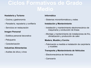 Ciclos Formativos de Grado
              Medio
Hostelería y Turismo                   Informática

- Cocina y gastronomía                 - Sistemas microinformáticos y redes

- Panadería, repostería y confitería   Instalación y Mantenimiento

- Servicios en restauración            - Instalación y mantenimiento electromecánico de
                                           maquinaria y conducción de líneas
Imagen Personal
                                       - Montaje y mantenimiento de instalaciones de frío,
- Estética personal decorativa            climatización y producción de calor
- Peluquería                           Madera, Mueble y Corcho
- Caracterización                      - Fabricación a medida e instalación de carpintería
                                           y muebles
Industrias Alimentarias
                                       Transporte y Mantenimiento de Vehículos
- Aceites de oliva y vinos
                                       - Electromecánica de Vehículos

                                       - Carrocería
 