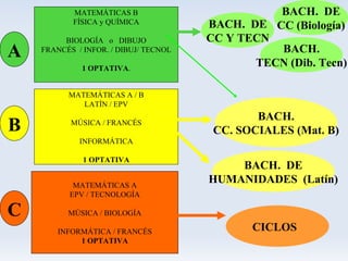 MATEMÁTICAS B                         BACH. DE
           FÍSICA y QUÍMICA            BACH. DE CC (Biología)
         BIOLOGÍA o DIBUJO             CC Y TECN
A
A   FRANCÉS / INFOR. / DIBUJ/ TECNOL             BACH.
                                              TECN (Dib. Tecn)
              1 OPTATIVA.


          MATEMÁTICAS A / B
             LATÍN / EPV
                                               BACH.
B          MÚSICA / FRANCÉS
                                        CC. SOCIALES (Mat. B)
             INFORMÁTICA

              1 OPTATIVA
                                           BACH. DE
            MATEMÁTICAS A
                                       HUMANIDADES (Latín)
           EPV / TECNOLOGÍA

C         MÚSICA / BIOLOGÍA

        INFORMÁTICA / FRANCÉS                 CICLOS
             1 OPTATIVA
 