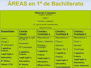 ÁREAS en 1º de Bachillerato
                                      Materias Comunes:
                                           Lengua y literatura
                                                Inglés I
                                         Filosofía y ciudadanía
                                    CC. para el mundo contemporáneo
                                           Educación Física

Humanidades       Ciencias               Ciencias y               Ciencias y          Ciencias y
                  Sociales               Tecnología A             Tecnología B        Tecnología C
Latín I           Matemáticas apli. Matemáticas I                 Matemáticas I       Matemáticas I
                  CC.SS. I
Griego I                            Física y Química              Física y            Física y
                  Economía
Hª contempor.                       Biología y                    Química             Química
1 optativa:       Hª Contempor      Geología
                                                                  Dibujo Téc. I       Tecnología
Francés,                                 1 optativa:
                  1 optativa:                                     1 optativa:         1 optativa:
Ampli inglés I,   Francés,               Francés,
                                                                  Francés,            Francés,
Informática,      Ampli inglés I,        Ampli inglés I,
                                                                  Ampli inglés I,     Ampli inglés I,
Hª Música,        Informática,           Informática,                                 Informática,
Matem CCSS        Hª Música,                                      Informática,
                                         Dibujo técnico,                              Tecno. Industrial
                                                                  Tecno.Industrial,
 