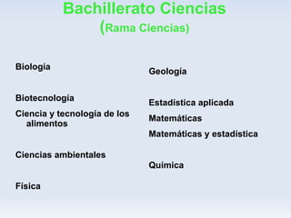Bachillerato Ciencias
               (Rama Ciencias)

Biología
                              Geología


Biotecnología
                              Estadística aplicada
Ciencia y tecnología de los
                              Matemáticas
  alimentos
                              Matemáticas y estadística

Ciencias ambientales
                              Química

Física
 