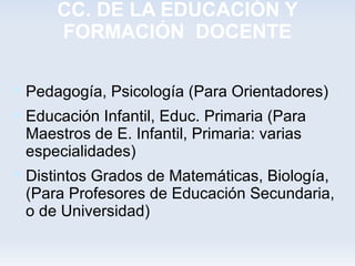 CC. DE LA EDUCACIÓN Y
      FORMACIÓN DOCENTE

 Pedagogía, Psicología (Para Orientadores)
 Educación Infantil, Educ. Primaria (Para
 Maestros de E. Infantil, Primaria: varias
 especialidades)
 Distintos Grados de Matemáticas, Biología,
 (Para Profesores de Educación Secundaria,
 o de Universidad)
 