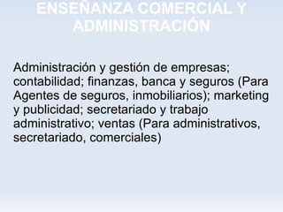 ENSEÑANZA COMERCIAL Y
        ADMINISTRACIÓN

 Administración y gestión de empresas;
 contabilidad; finanzas, banca y seguros (Para
 Agentes de seguros, inmobiliarios); marketing
 y publicidad; secretariado y trabajo
 administrativo; ventas (Para administrativos,
 secretariado, comerciales)
 