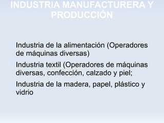 INDUSTRIA MANUFACTURERA Y
       PRODUCCIÓN


 Industria de la alimentación (Operadores
 de máquinas diversas)
 Industria textil (Operadores de máquinas
 diversas, confección, calzado y piel;
 Industria de la madera, papel, plástico y
 vidrio
 