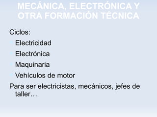 MECÁNICA, ELECTRÓNICA Y
  OTRA FORMACIÓN TÉCNICA
Ciclos:
 Electricidad
 Electrónica
 Maquinaria
 Vehículos de motor
Para ser electricistas, mecánicos, jefes de
 taller…
 