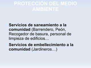 PROTECCIÓN DEL MEDIO
         AMBIENTE


 Servicios de saneamiento a la
 comunidad (Barrendero, Peón,
 Recogedor de basura, personal de
 limpieza de edificios…
 Servicios de embellecimiento a la
 comunidad (Jardineros…)
 