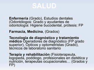 SALUD
 Enfermería (Grado), Estudios dentales
  (Odontólogos: Grado y ayudantes de
  odontología: Higiene bucodental, prótesis: FP
 Farmacia, Medicina, (Grados)
 Tecnología de diagnóstico y tratamiento
  médico Operadores de diagnóstico (FP grado
  superior), Ópticos y optometristas (Grado),
  técnicos de laboratorio sanitario
 Terapia y rehabilitación (Fisioterapeuta,
  logopeda, podólogo, profesionales en dietética y
  nutrición, terapeutas ocupacionales… (Grados y
  FP)
 