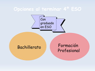 Opciones al terminar 4º ESO

            Con
            graduado
            en ESO




 Bachillerato          Formación
                       Profesional
 