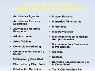 Formación Profesional
    Catálogo de Títulos de Grado Medio

    Actividades Agrarias         
                                     Imagen Personal

    Actividades Físicas y        
                                     Industrias Alimentarias
    Deportivas
                                 
                                     Informática

    Actividades Marítimo-
    Pesqueras                    
                                     Madera y Mueble

    Administración               
                                     Mantenimiento de Vehículos
                                     Autopropulsados

    Artes Gráficas
                                 
                                     Mantenimiento y Servicios a

    Comercio y Marketing             la Producción

    Comunicación, Imagen y       
                                     Química
    Sonido
                                 
                                     Sanidad

    Edificación y Obra Civil
                                 
                                     Servicios Socioculturales y a

    Electricidad y Electrónica       la Comunidad

    Fabricación Mecánica         
                                     Textil, Confección y Piel
 