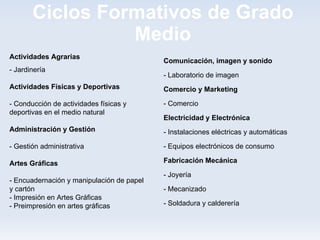 Ciclos Formativos de Grado
                 Medio
Actividades Agrarias
                                           Comunicación, imagen y sonido
- Jardinería
                                           - Laboratorio de imagen
Actividades Físicas y Deportivas           Comercio y Marketing

- Conducción de actividades físicas y      - Comercio
deportivas en el medio natural
                                           Electricidad y Electrónica
Administración y Gestión                   - Instalaciones eléctricas y automáticas

- Gestión administrativa                   - Equipos electrónicos de consumo

Artes Gráficas                             Fabricación Mecánica

                                           - Joyería
- Encuadernación y manipulación de papel
y cartón                                   - Mecanizado
- Impresión en Artes Gráficas
- Preimpresión en artes gráficas           - Soldadura y calderería
 