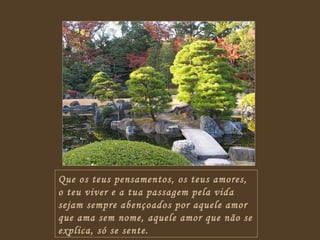 Que os teus pensamentos, os teus amores, o teu viver e a tua passagem pela vida sejam sempre abençoados por aquele amor que ama sem nome, aquele amor que não se explica, só se sente. 