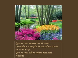 Que os teus momentos de amor contenham a magia de tua alma eterna em cada beijo. Que os teus olhos sejam dois sóis olhando  a luz da vida em cada amanhecer. 