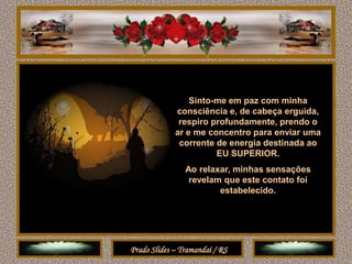 Sinto-me em paz com minha
             consciência e, de cabeça erguida,
              respiro profundamente, prendo o
             ar e me concentro para enviar uma
              corrente de energia destinada ao
                       EU SUPERIOR.
                Ao relaxar, minhas sensações
                 revelam que este contato foi
                        estabelecido.




Prado Slides – Tramandaí / RS
 