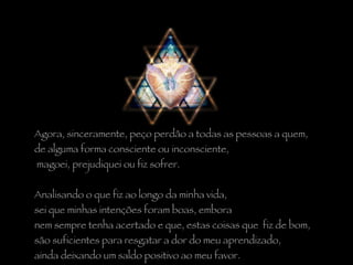 Agora, sinceramente, peço perdão a todas as pessoas a quem,  de alguma forma consciente ou inconsciente, magoei, prejudiquei ou fiz sofrer.   Analisando o que fiz ao longo da minha vida,  sei que minhas intenções foram boas, embora  nem sempre tenha acertado e que, estas coisas que  fiz de bom,  são suficientes para resgatar a dor do meu aprendizado,  ainda deixando um saldo positivo ao meu favor. 