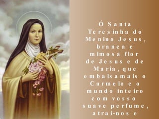 Ó   Santa Teresinha do Menino Jesus, branca e mimosa flor  de Jesus e de Maria, que embalsamais o Carmelo e o mundo inteiro com vosso  suave perfume, atraí-nos e convosco correremos em seguimento de Jesus, nosso Deus e único bem,  no caminho da renúncia, do amor e do abandono. 