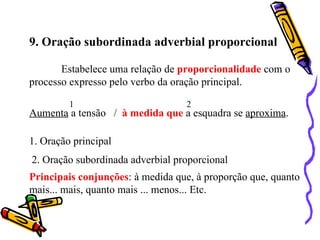 9. Oração subordinada adverbial proporcional

       Estabelece uma relação de proporcionalidade com o
processo expresso pelo verbo da oração principal.

         1                        2
Aumenta a tensão / à medida que a esquadra se aproxima.

1. Oração principal
2. Oração subordinada adverbial proporcional
Principais conjunções: à medida que, à proporção que, quanto
mais... mais, quanto mais ... menos... Etc.
 