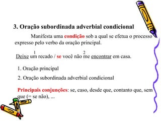 3. Oração subordinada adverbial condicional
       Manifesta uma condição sob a qual se efetua o processo
expresso pelo verbo da oração principal.
        1                     2
Deixe um recado / se você não me encontrar em casa.

 1. Oração principal
 2. Oração subordinada adverbial condicional

 Principais conjunções: se, caso, desde que, contanto que, sem
 que (= se não), ...
 